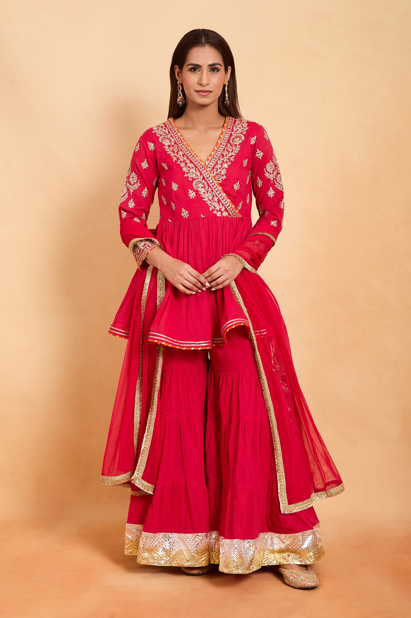 Magenta Angrakha Peplum Kurti & Gharara Set