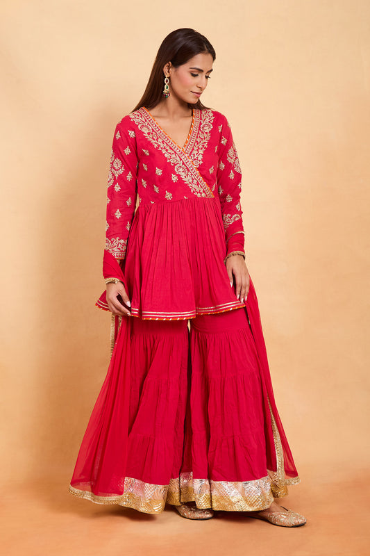 Magenta Angrakha Peplum Kurti & Gharara Set