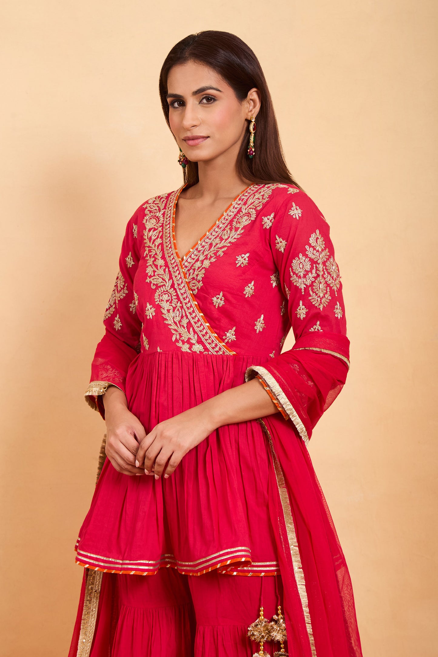 Magenta Angrakha Peplum Kurti & Gharara Set