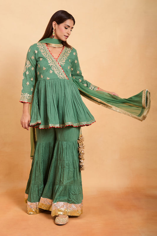 Pastel Green Angrakha Peplum Kurti & Gharara Set