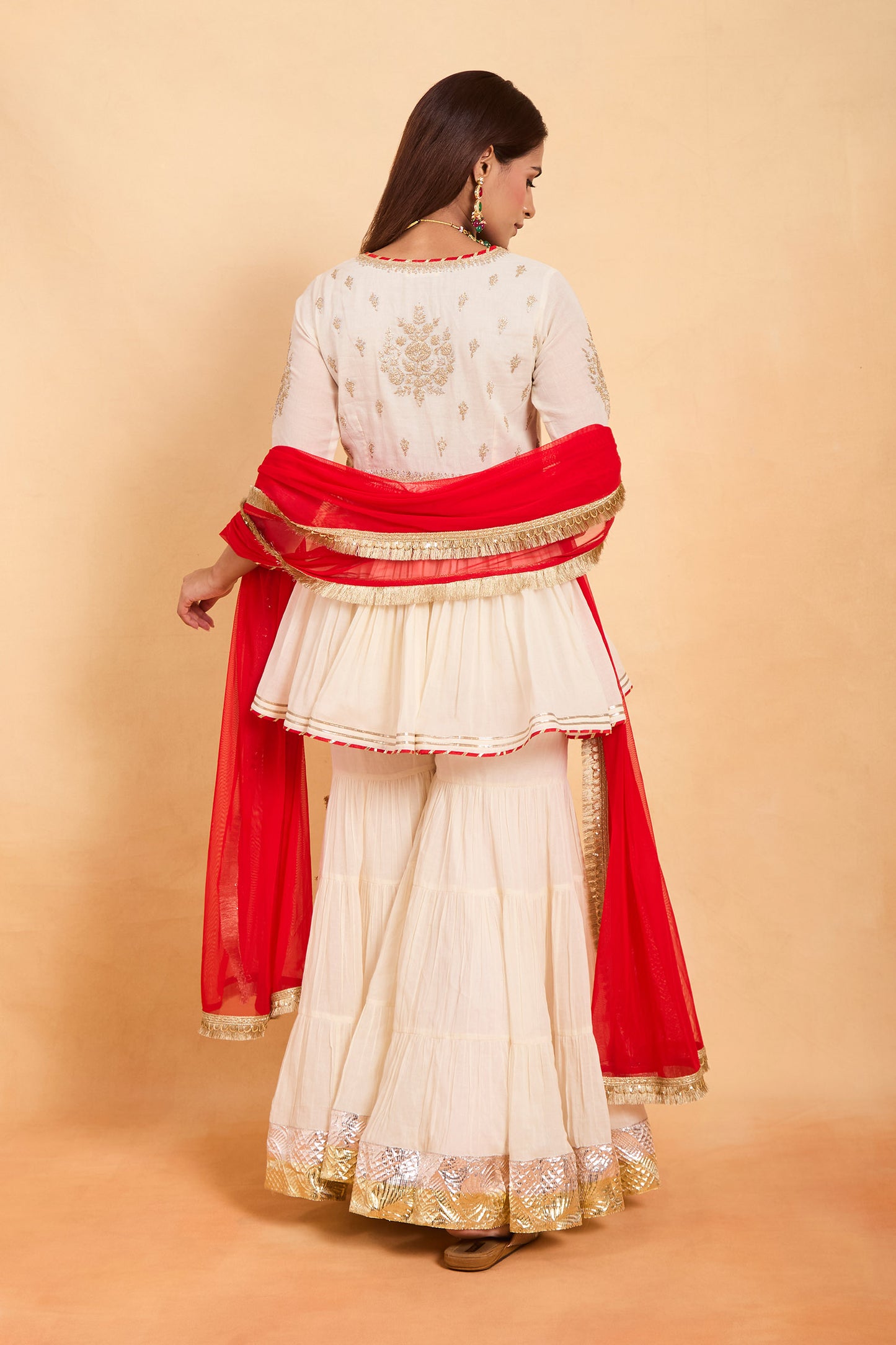 Chic Cream Peplum Kurti & Gharara Set with Vibrant Red Contrast