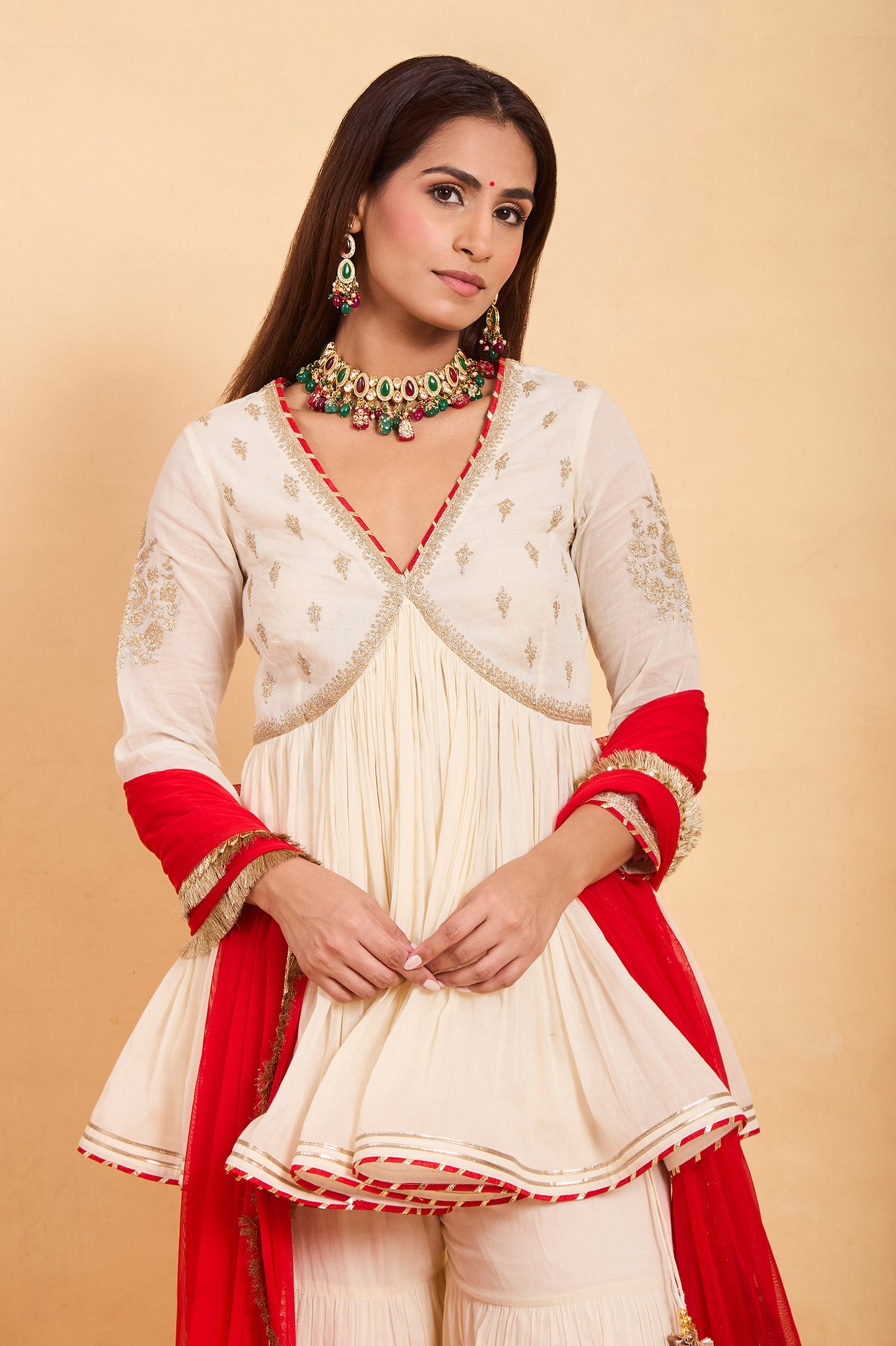 Chic Cream Peplum Kurti & Gharara Set with Vibrant Red Contrast