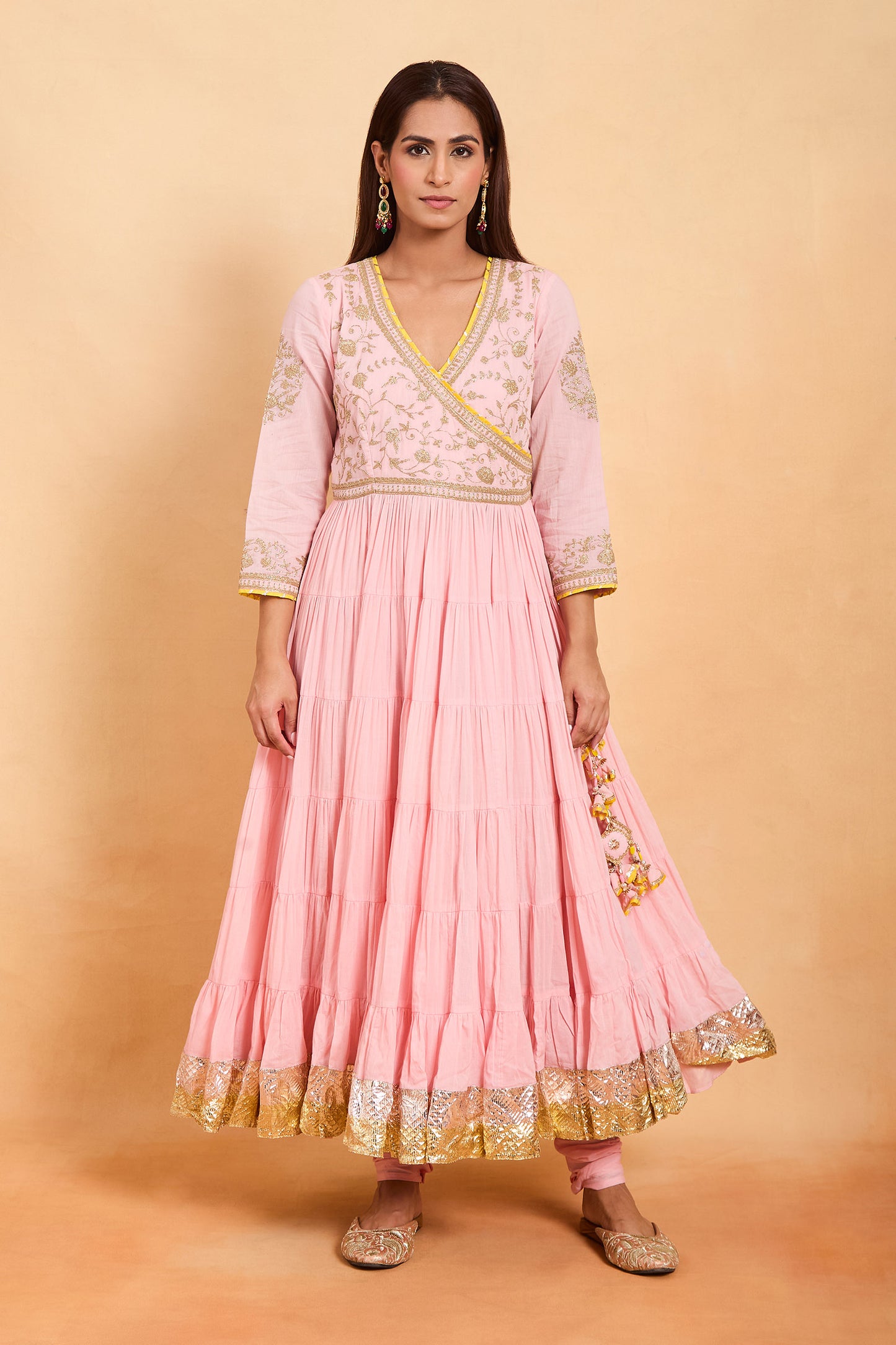 Pink Angrakha Style Anarkali Set with Gold Embroidery