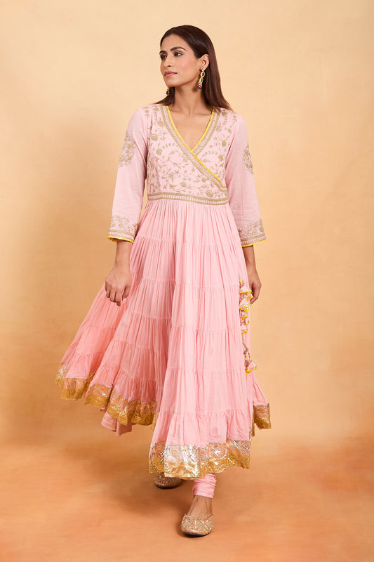 Pink Angrakha Style Anarkali Set with Gold Embroidery