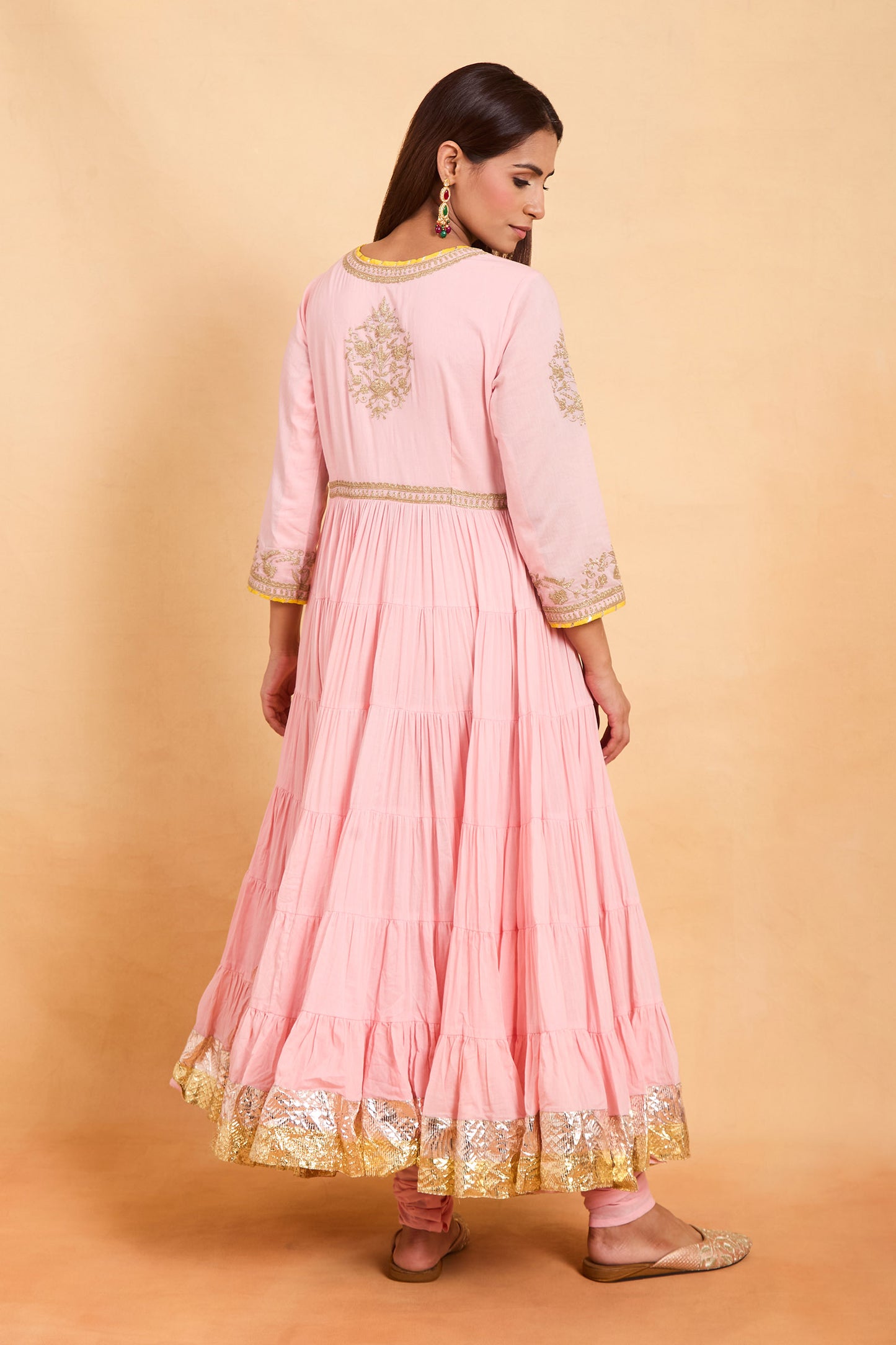 Pink Angrakha Style Anarkali Set with Gold Embroidery