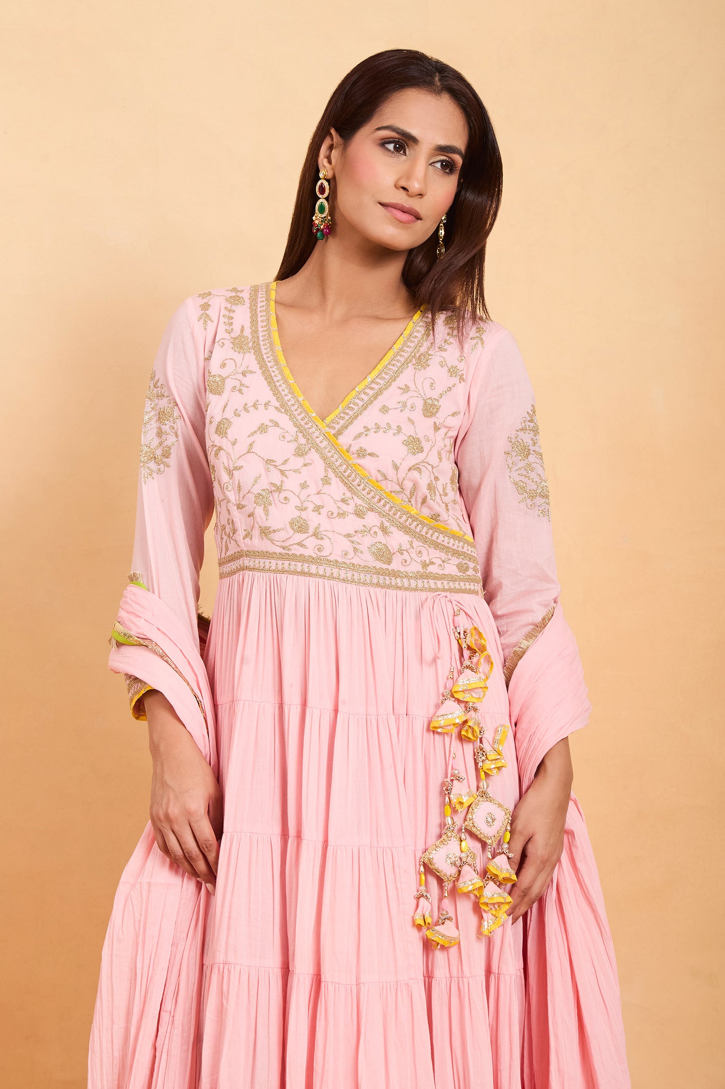 Pink Angrakha Style Anarkali Set with Gold Embroidery
