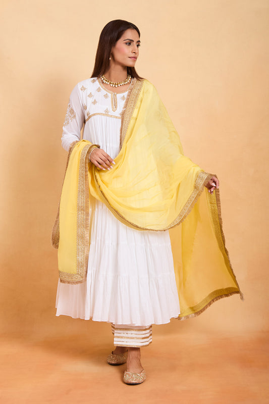 White Anarkali Set with Sunshine Yellow Dupatta