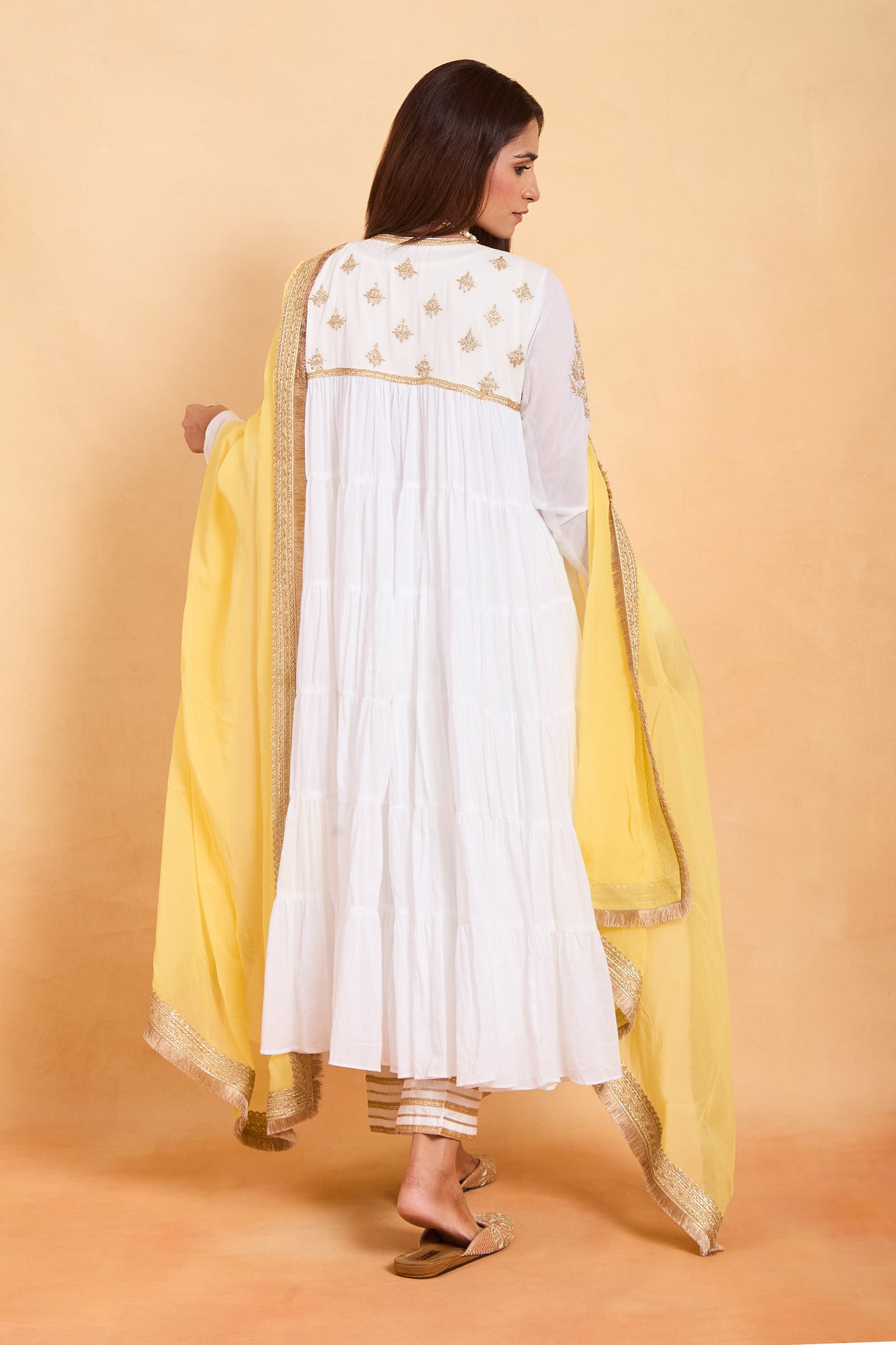 White Anarkali Set with Sunshine Yellow Dupatta