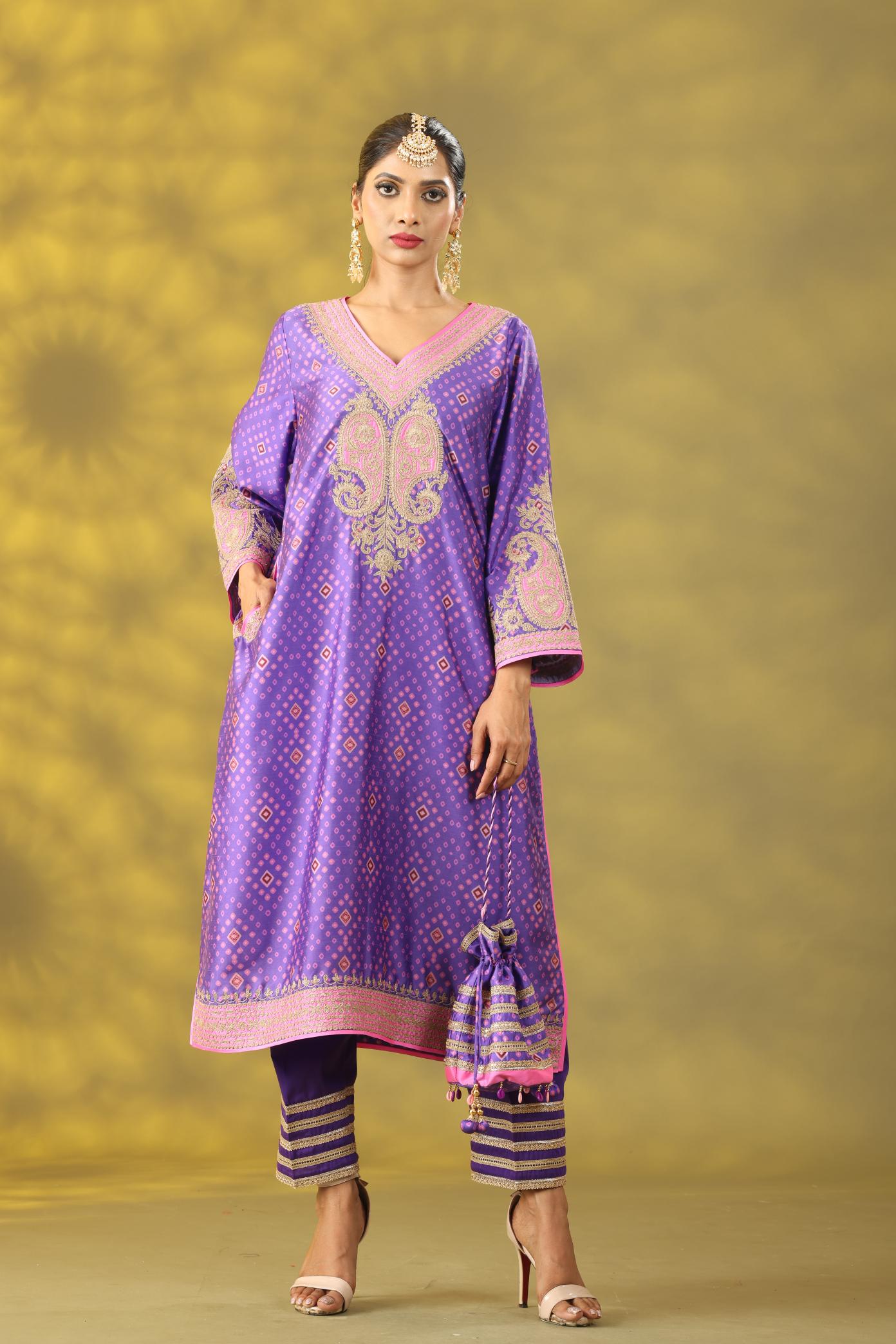 Soft Purple Printed Kashmiri Style Phiran Kurta Set