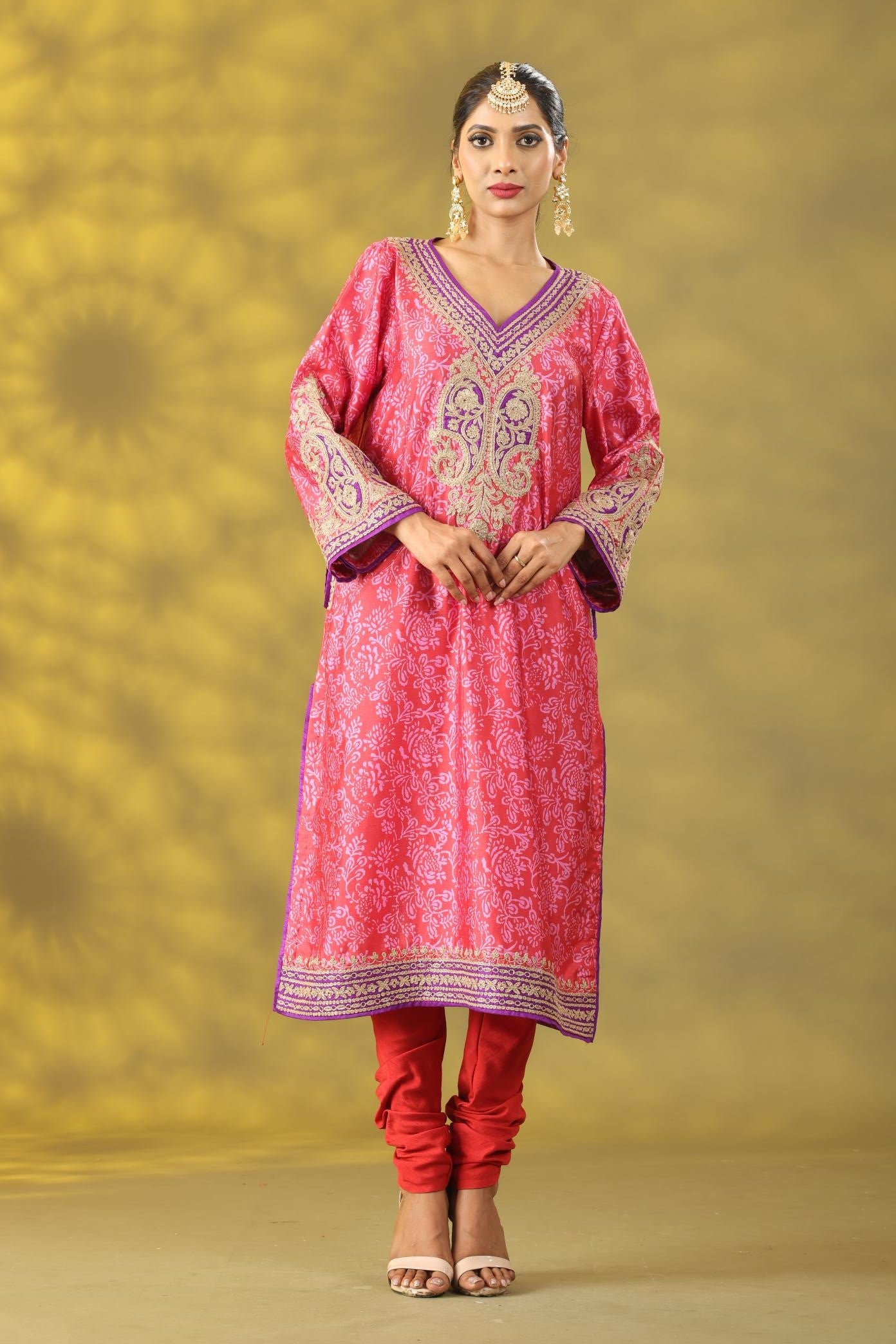 Salmon Pink Printed Kashmiri Style Phiran Kurta Set