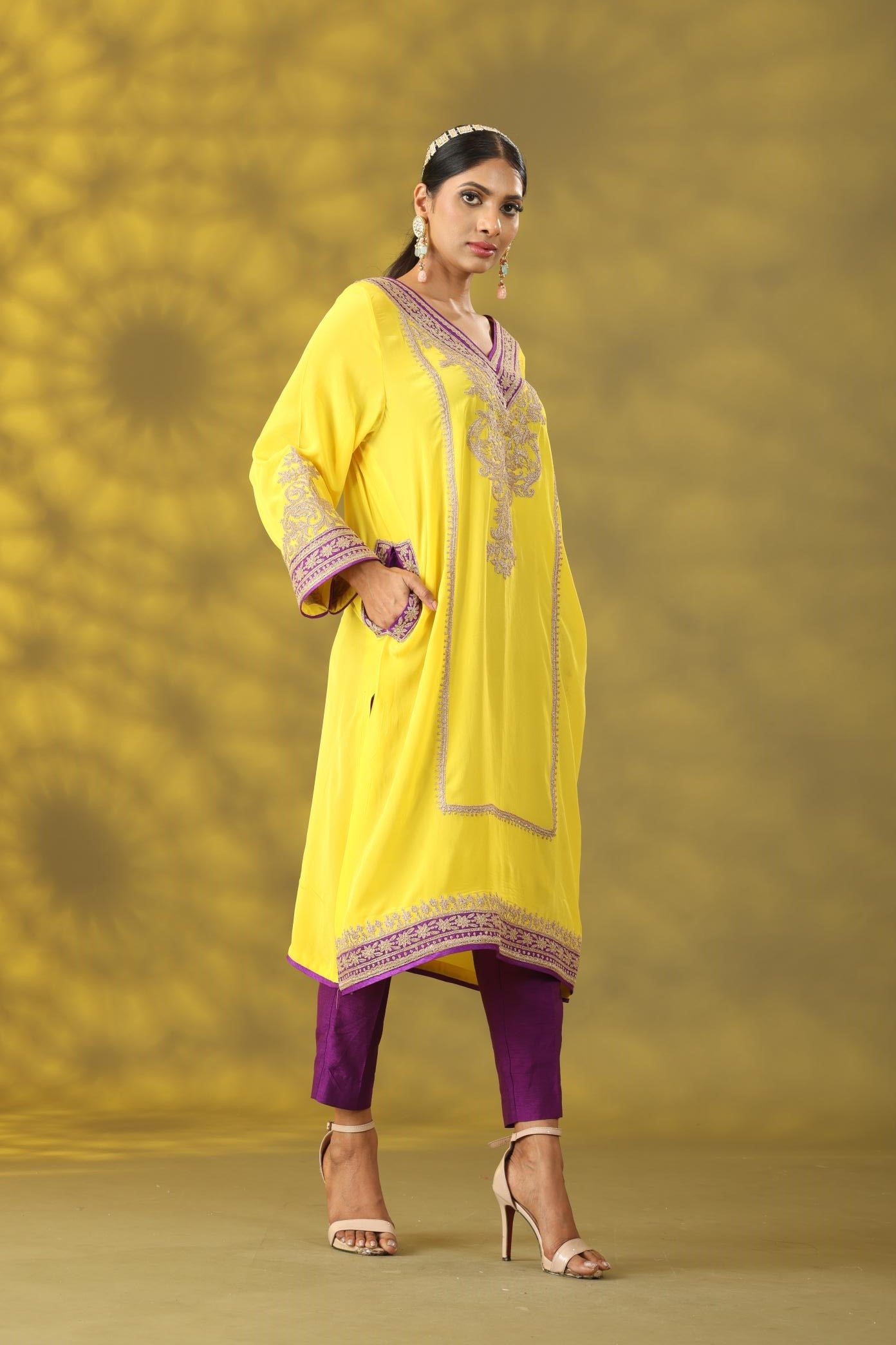 Marigold Yellow and Purple Kashmiri Style Phiran Kurta Set