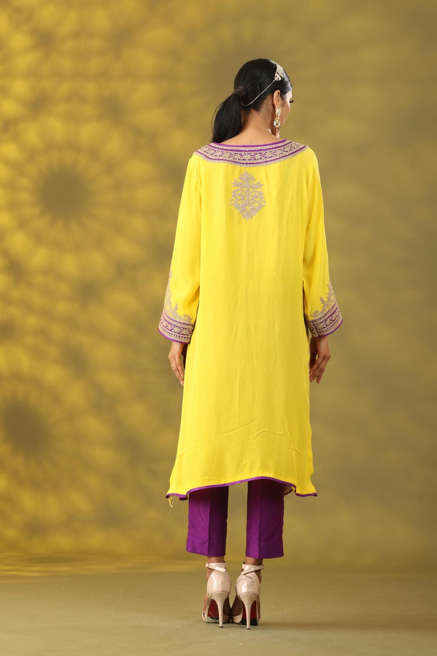 Marigold Yellow and Purple Kashmiri Style Phiran Kurta Set