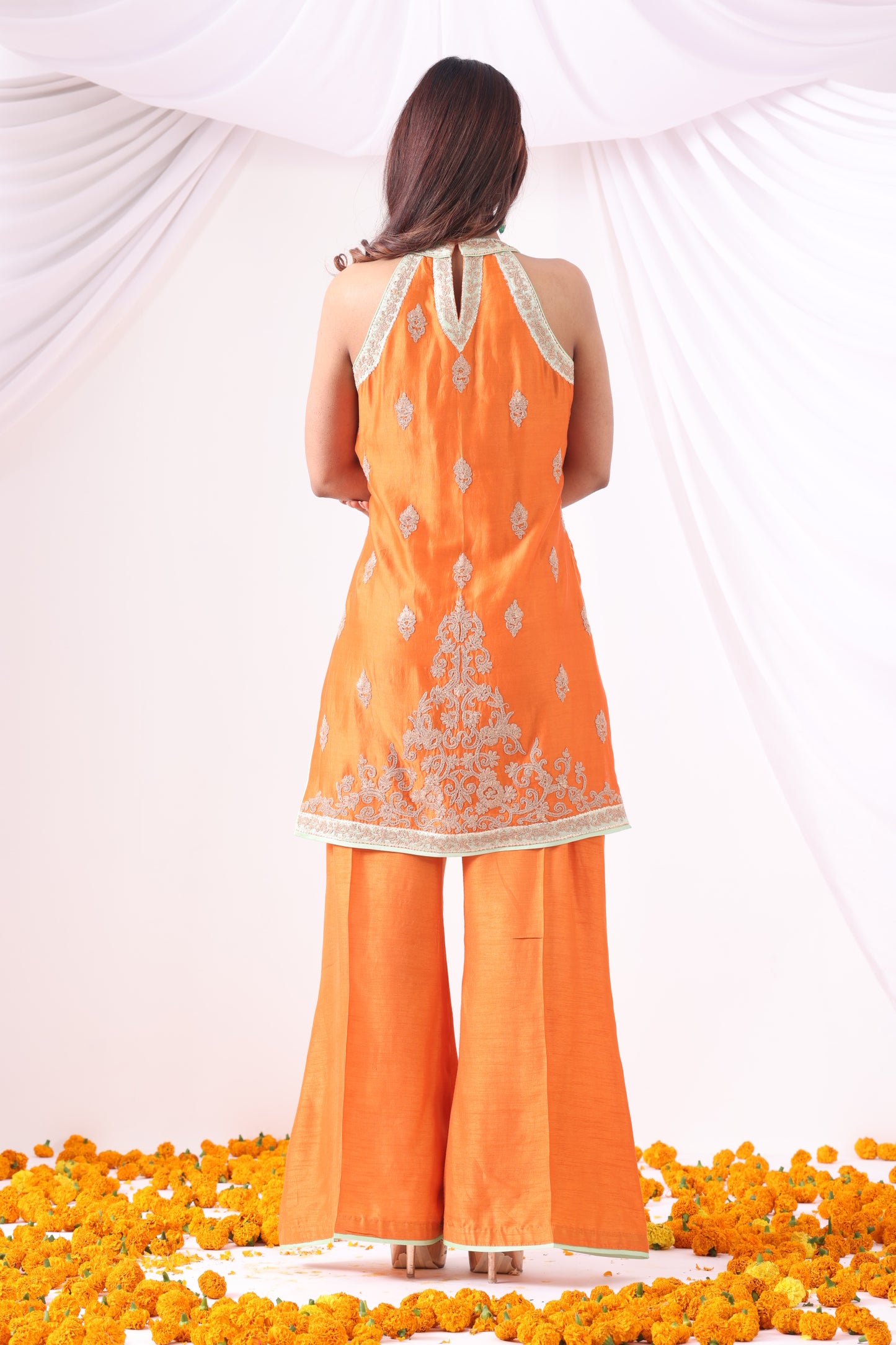 Orange Halter Kurta with Flared Pants