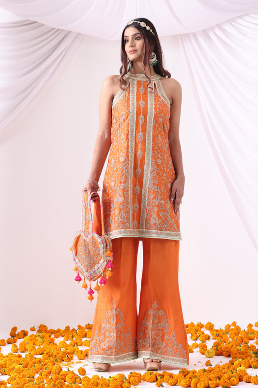 Orange Halter Kurta with Flared Pants