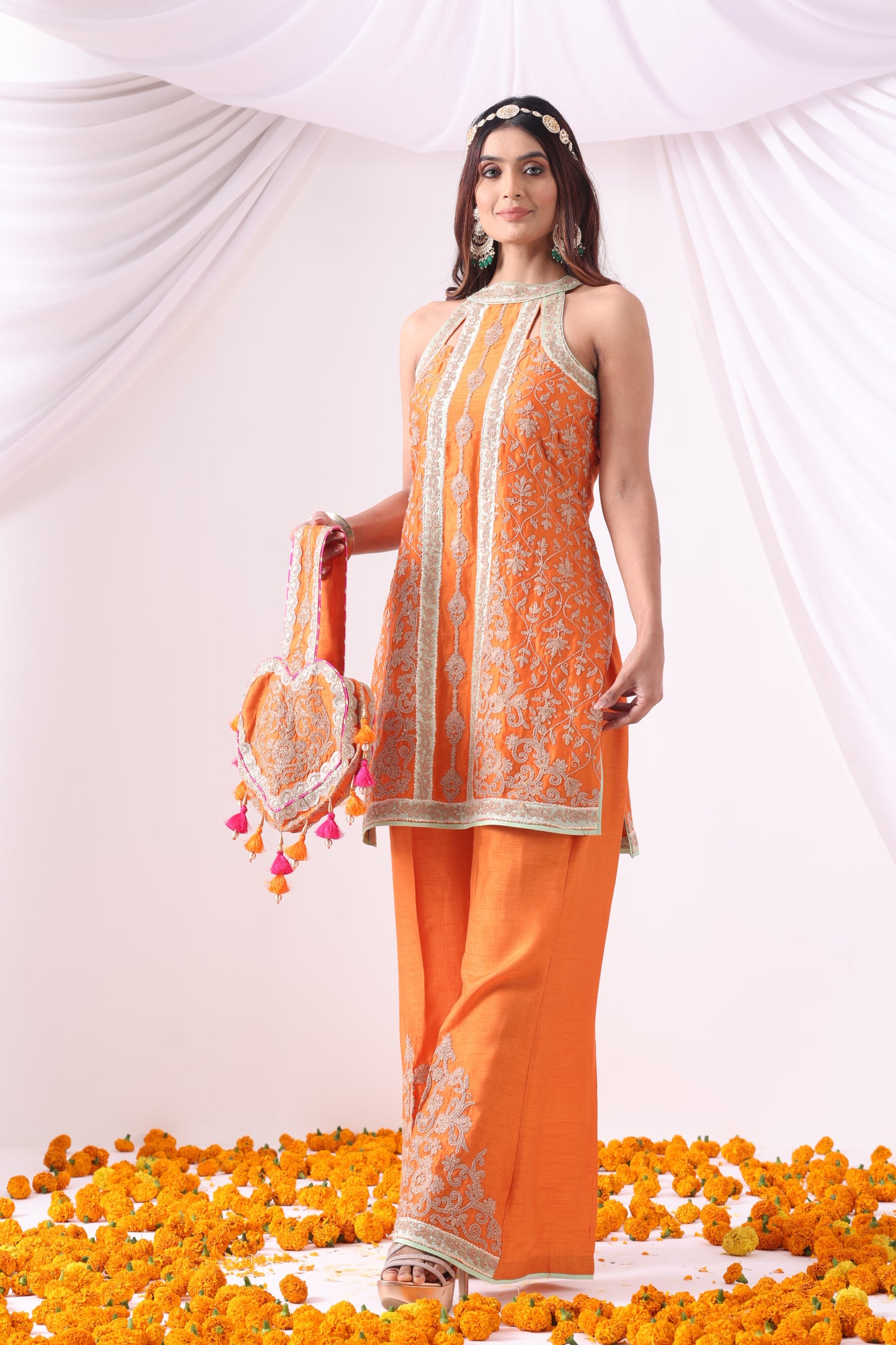 Orange Halter Kurta with Flared Pants