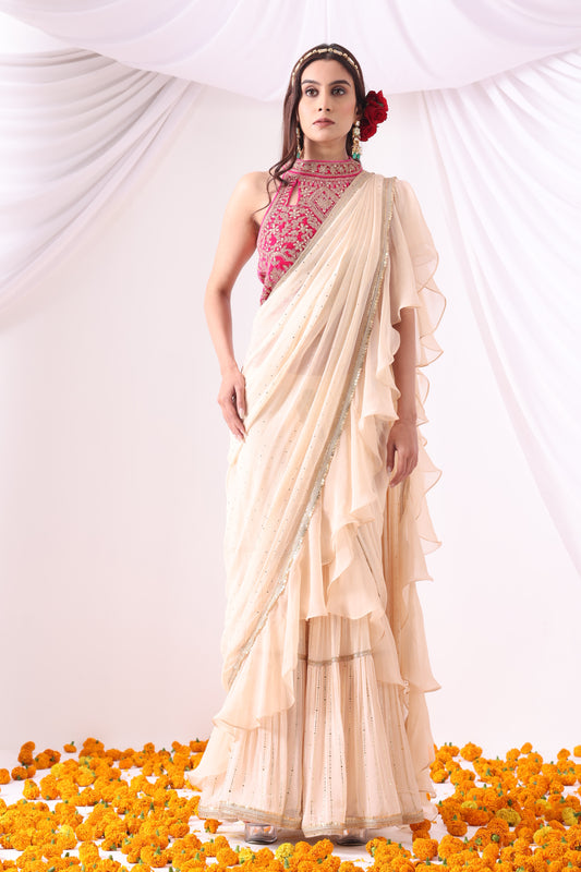 Beige Draped Saree with Magenta Halter Blouse