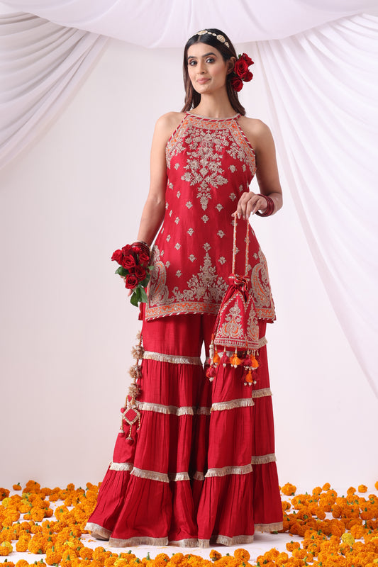 Maroon Hulter Kurta with Gharara Set