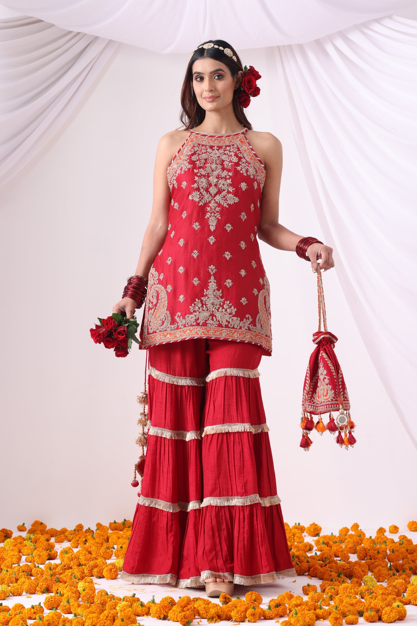 Maroon Hulter Kurta with Gharara Set