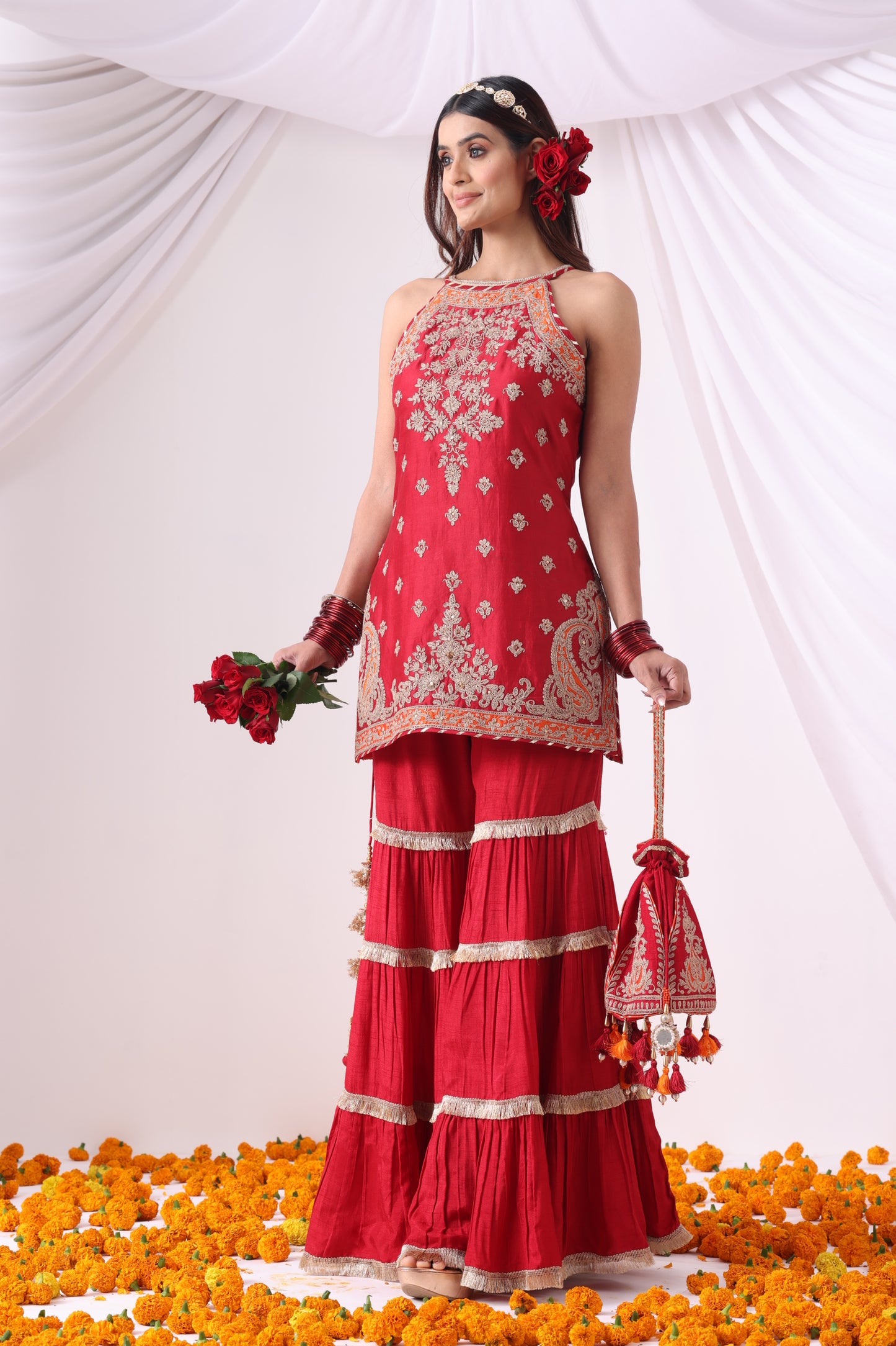 Maroon Hulter Kurta with Gharara Set
