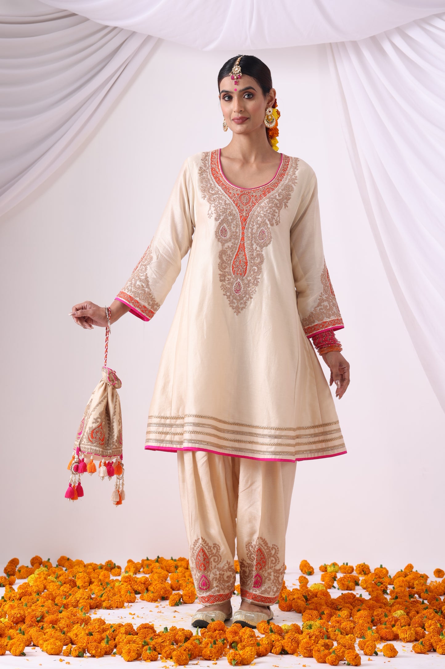 Beige Short Kalidar Choga with Salwar
