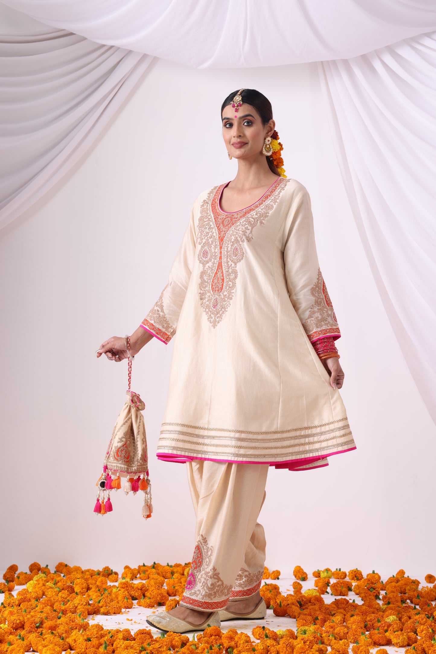 Beige Short Kalidar Choga with Salwar
