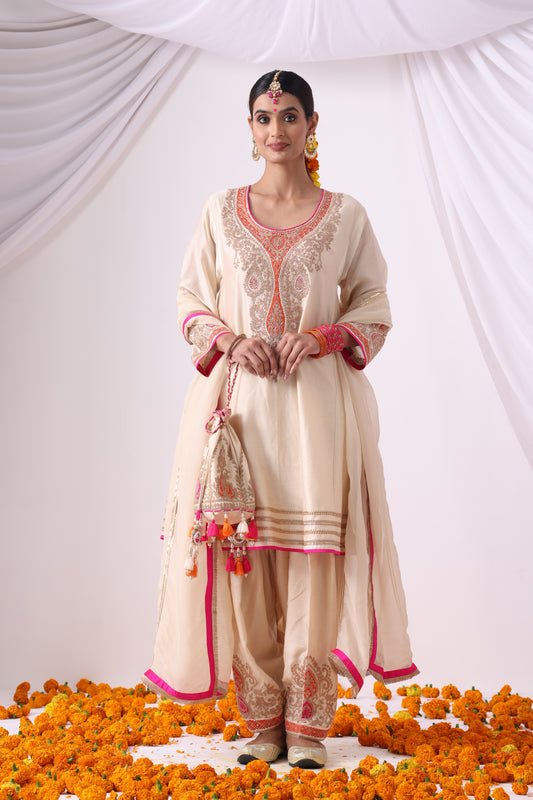 Beige Short Kalidar Choga with Salwar