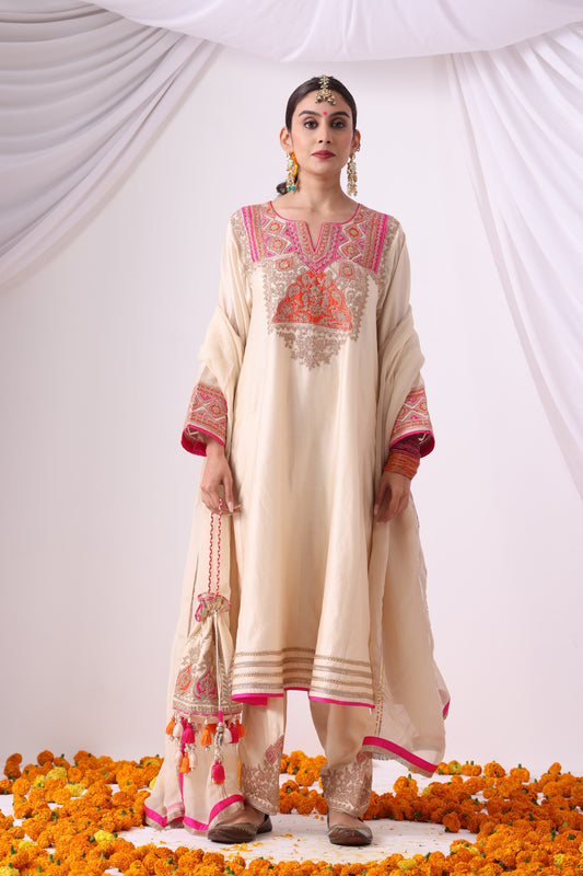 Beige Long Kalidar Choga with Salwar