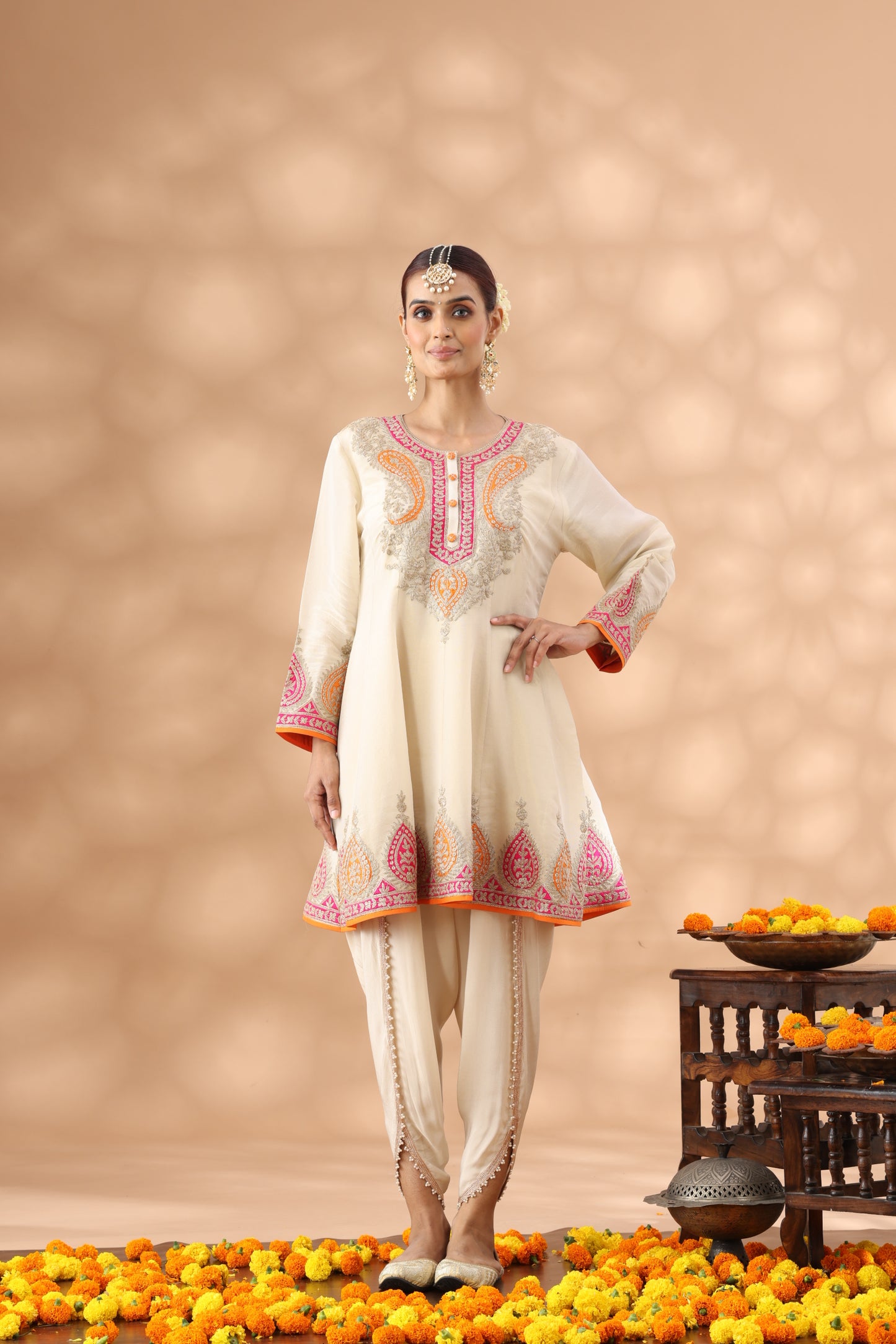 Beig Short Anarkali with Dhoti Set