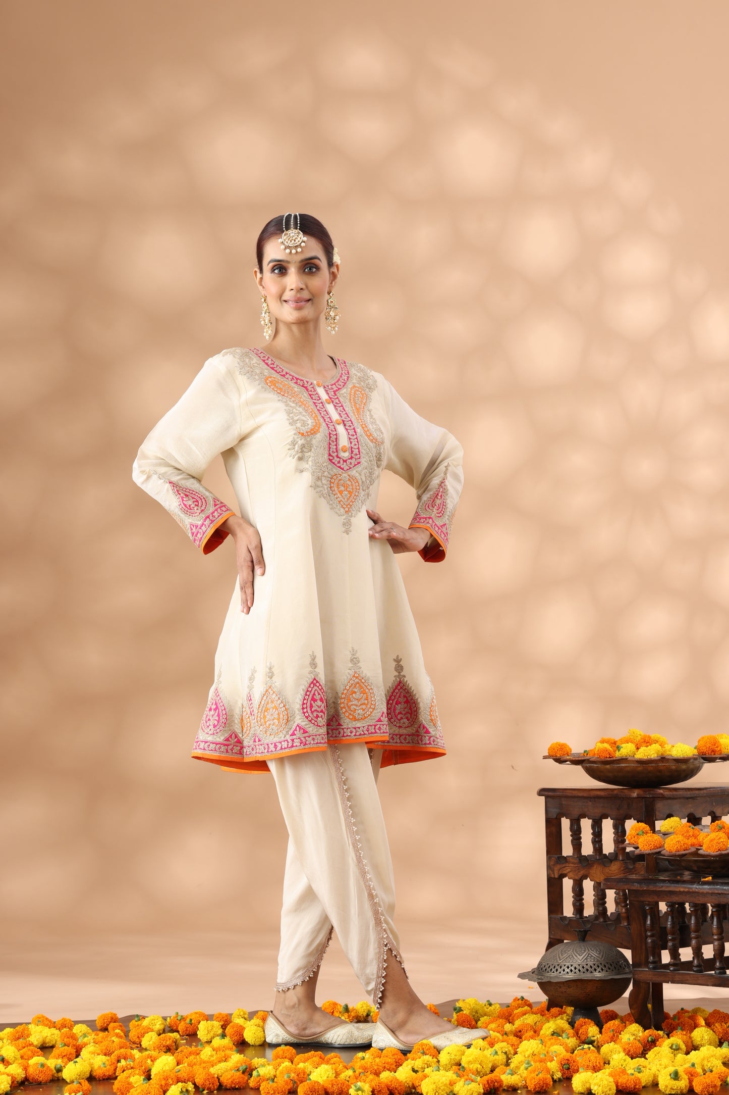 Beig Short Anarkali with Dhoti Set