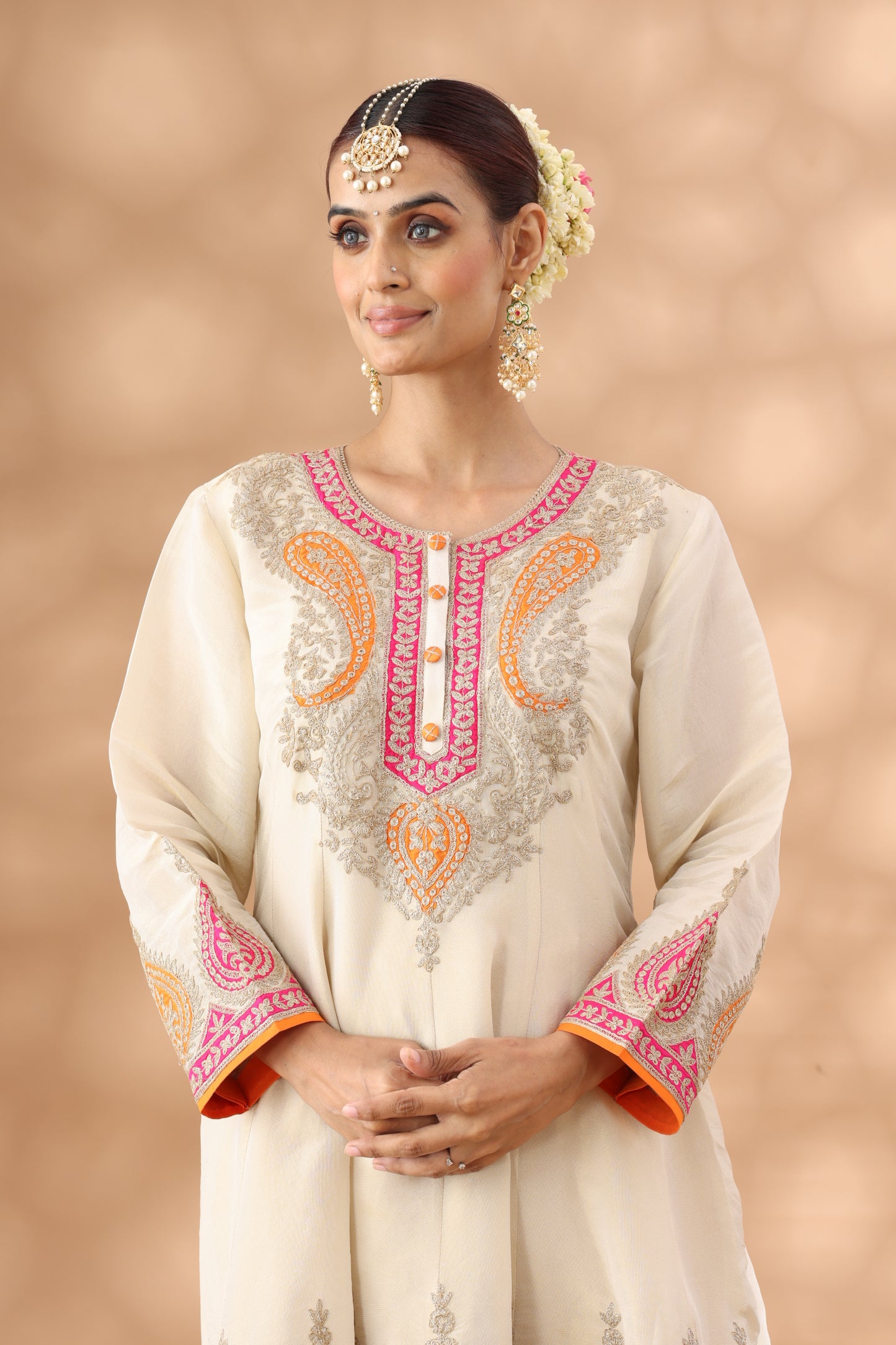 Beig Short Anarkali with Dhoti Set