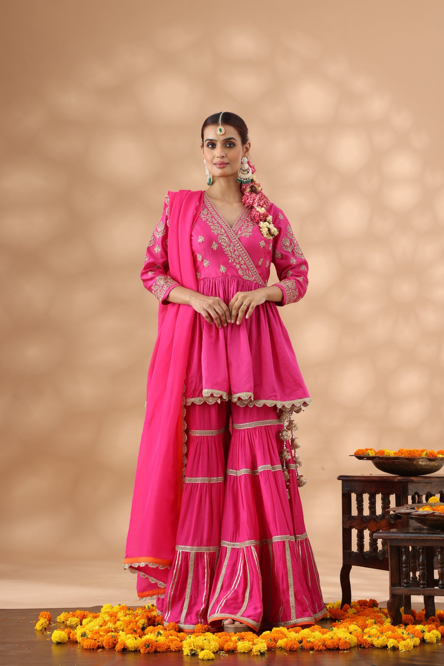 Hot Pink Short Anarkali with Gharara