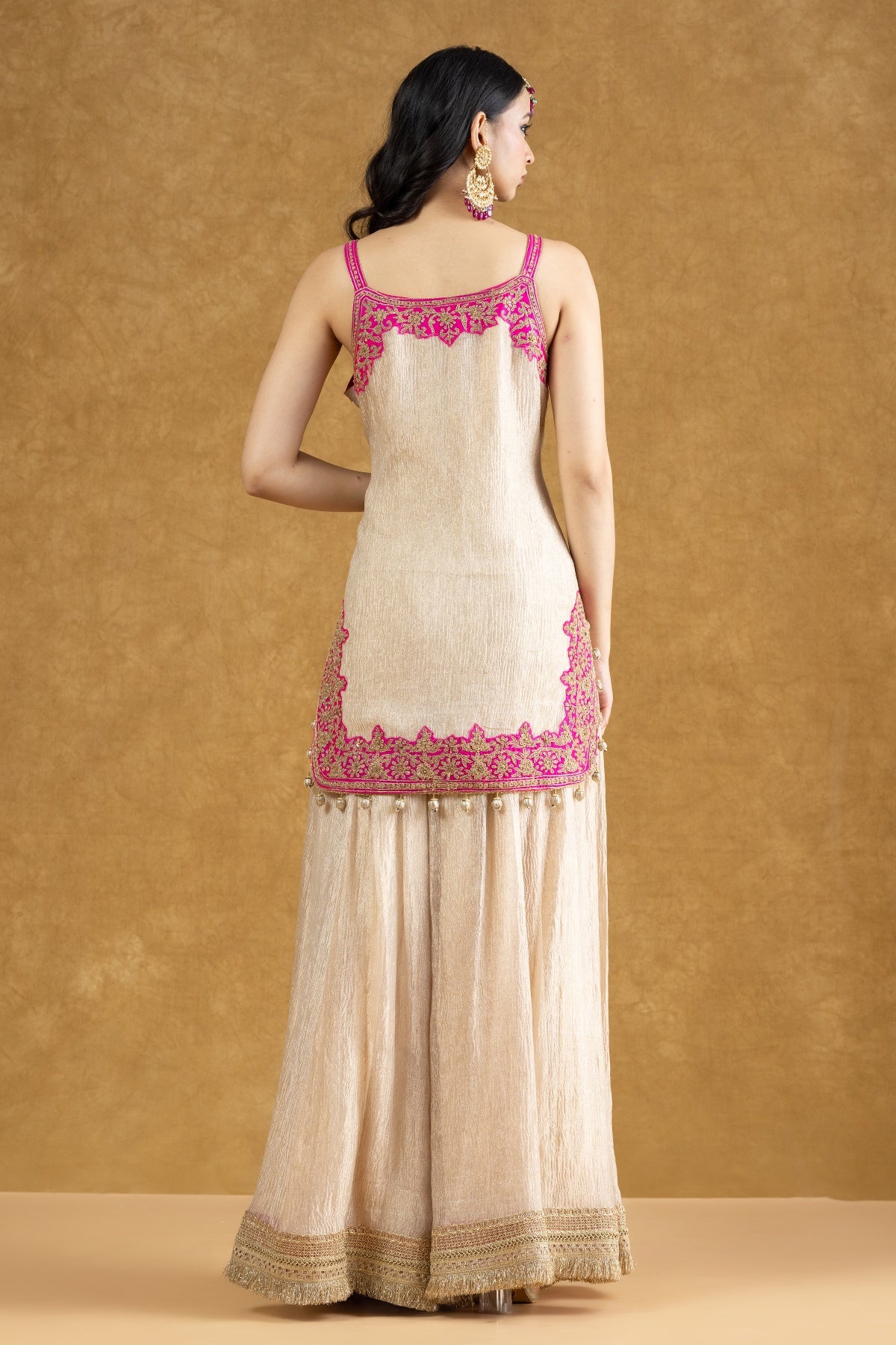 Ivory Crushed Banarasi Kurta Gharara Set with Dori Kasab Work