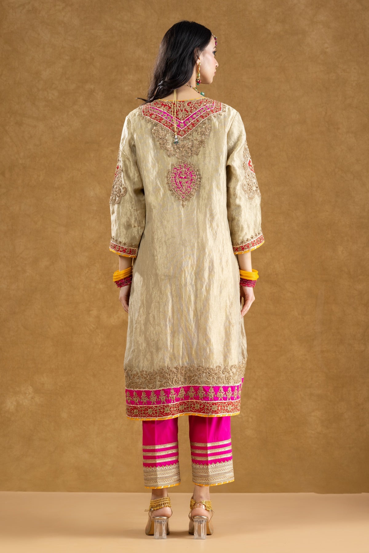 Ivory Tissue Kurta Palazzo Set with Dori Kasab & Sequin Dabka Hand Work