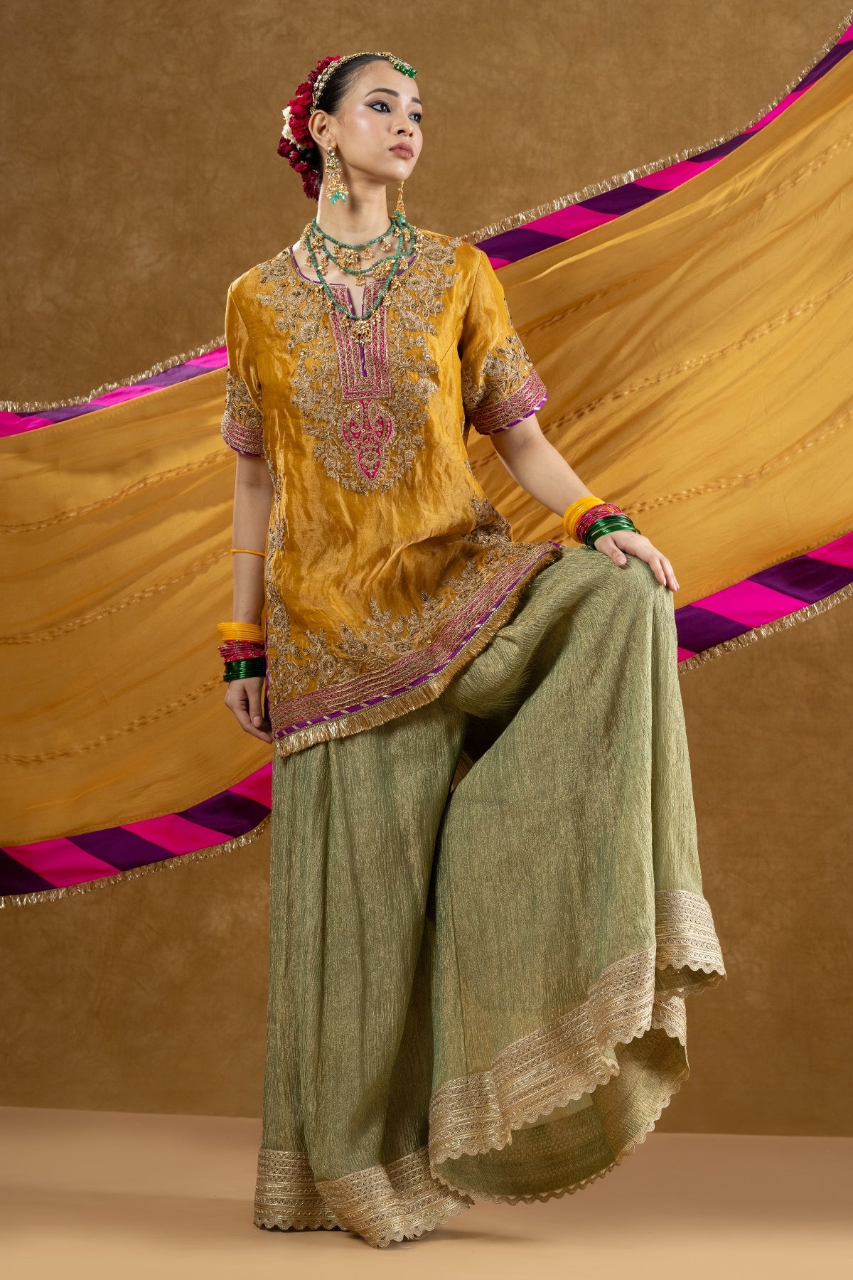 Mustard Banarasi Tissue Kurta Sharara Set with Dori Sequin Hand Work