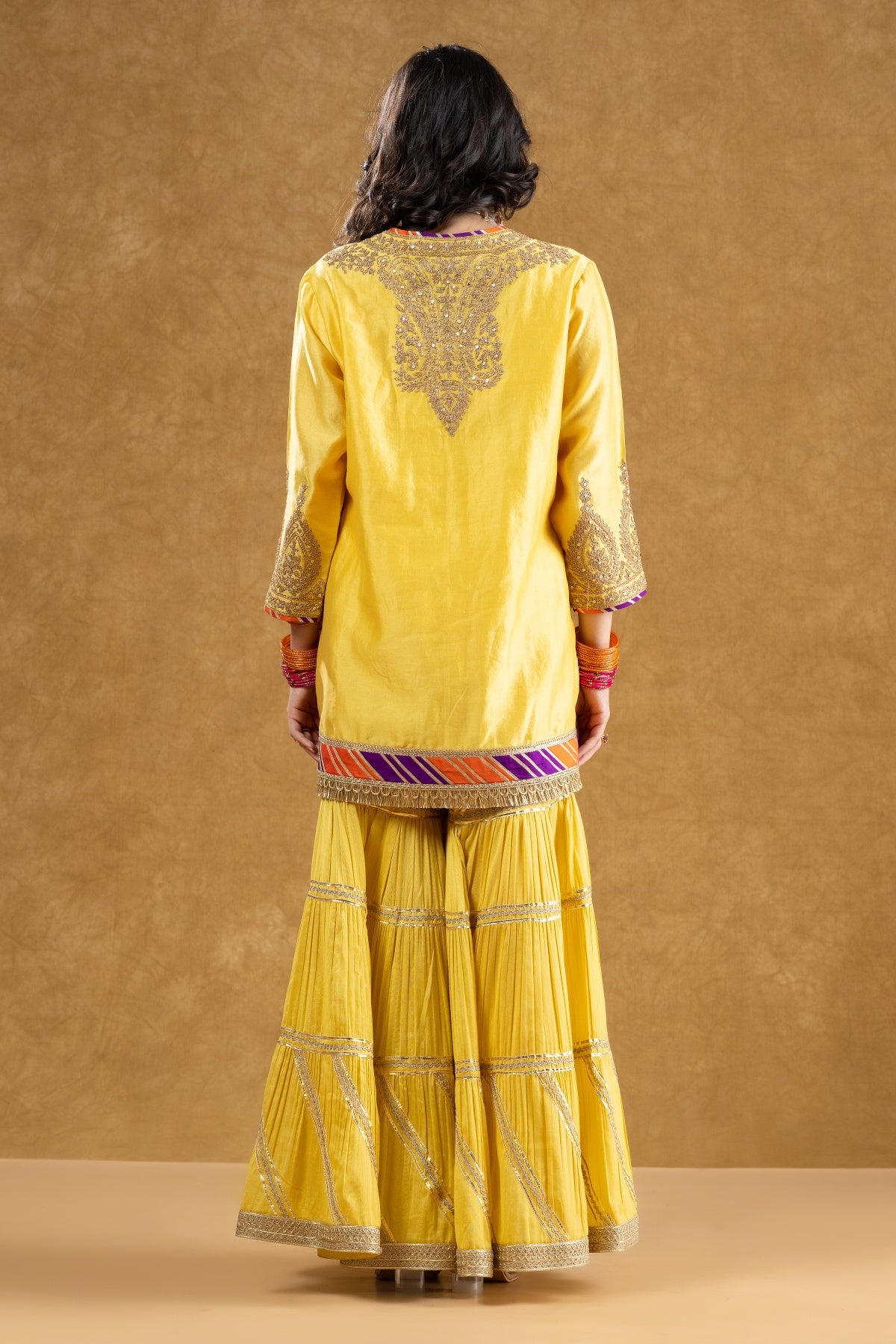 Lemon Yellow Chanderi Kurta 3-Layered Katan Silk Gharara Set with Dori Sequin Work