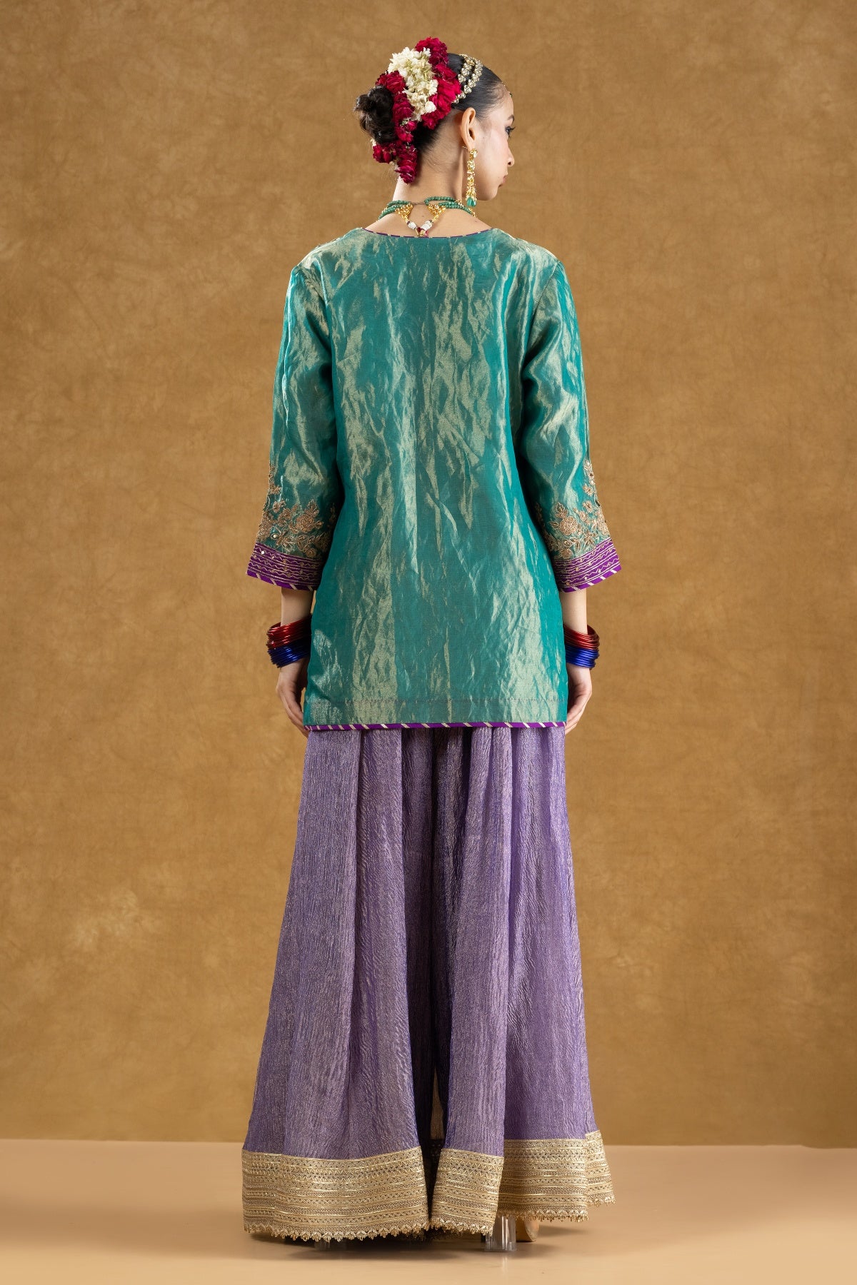Emerald Green Banarasi Tissue Kurta Sharara Set with Dori Sequin Hand Work