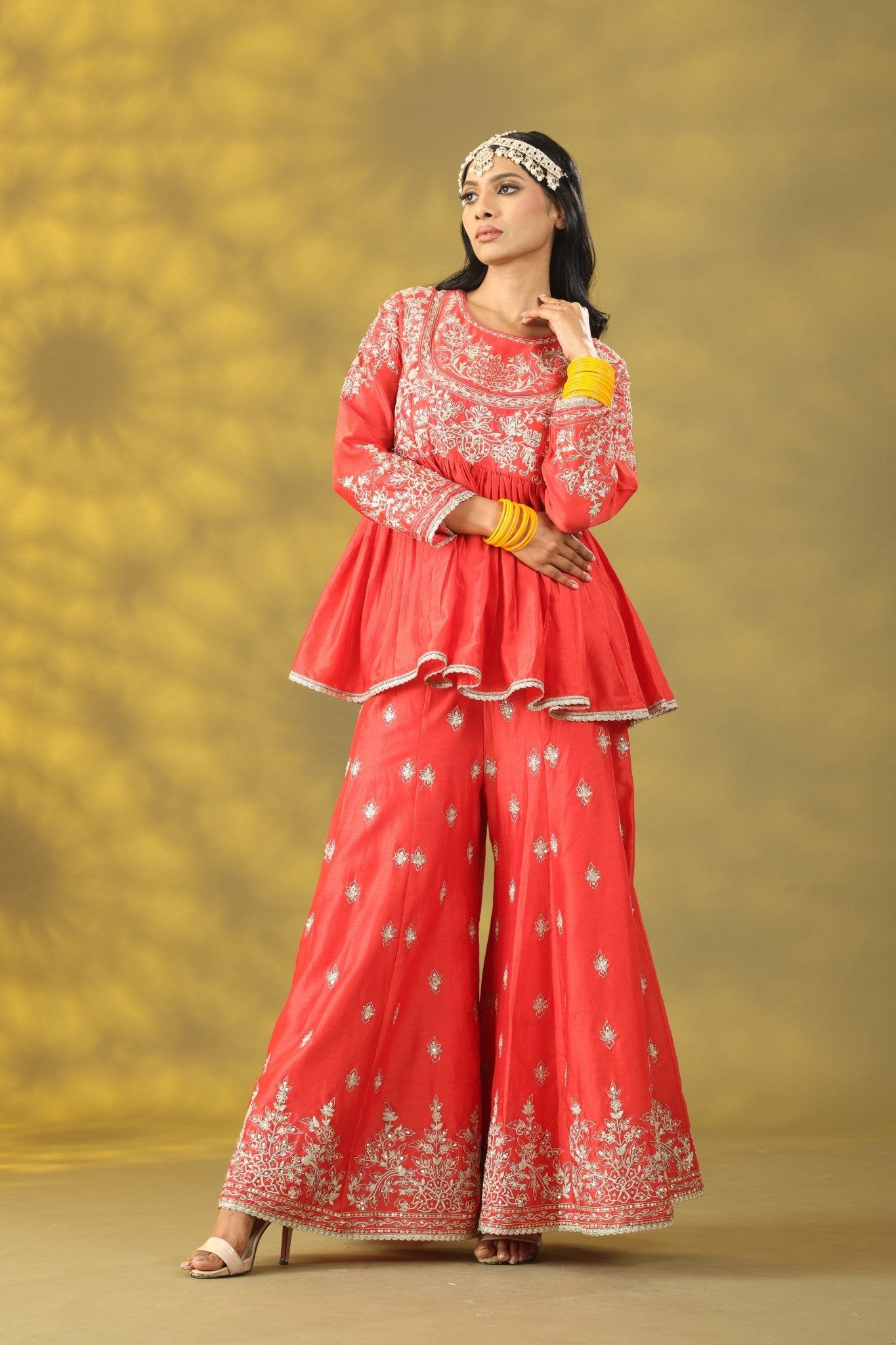 Coral Red Short Anarkali with Sharara Set - Sonia Ahuja