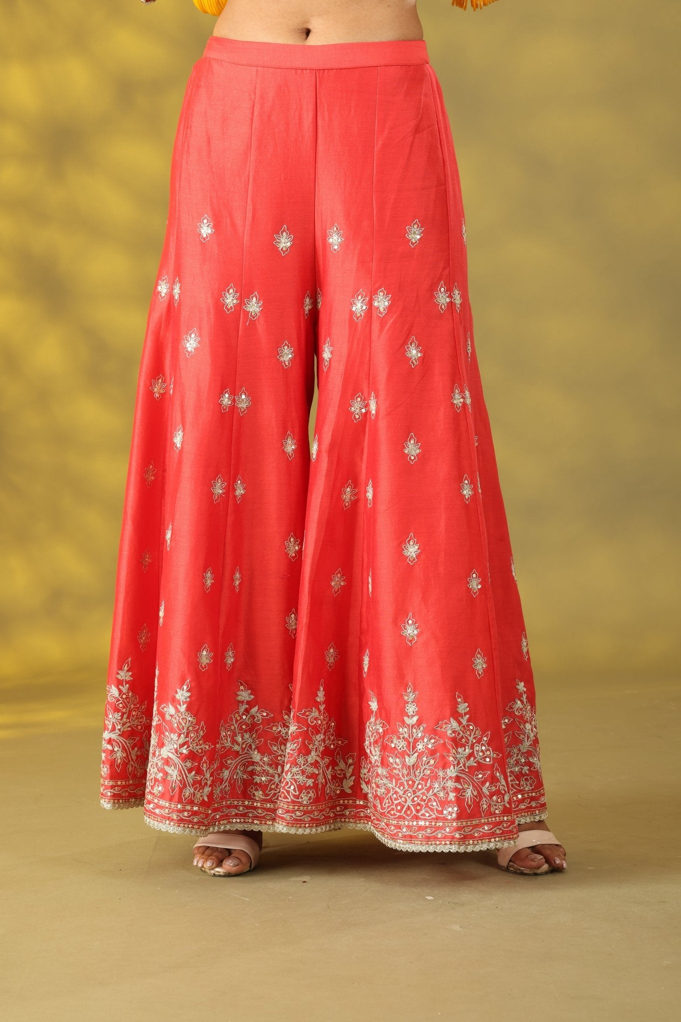 Coral Red Short Anarkali with Sharara Set - Sonia Ahuja