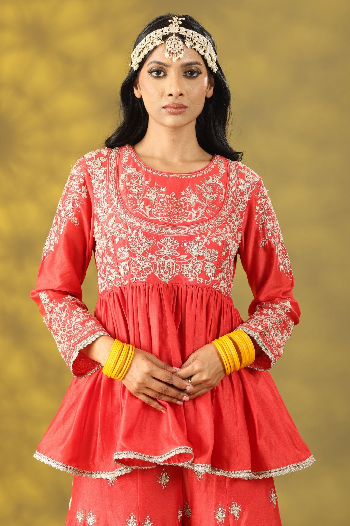 Coral Red Short Anarkali with Sharara Set - Sonia Ahuja