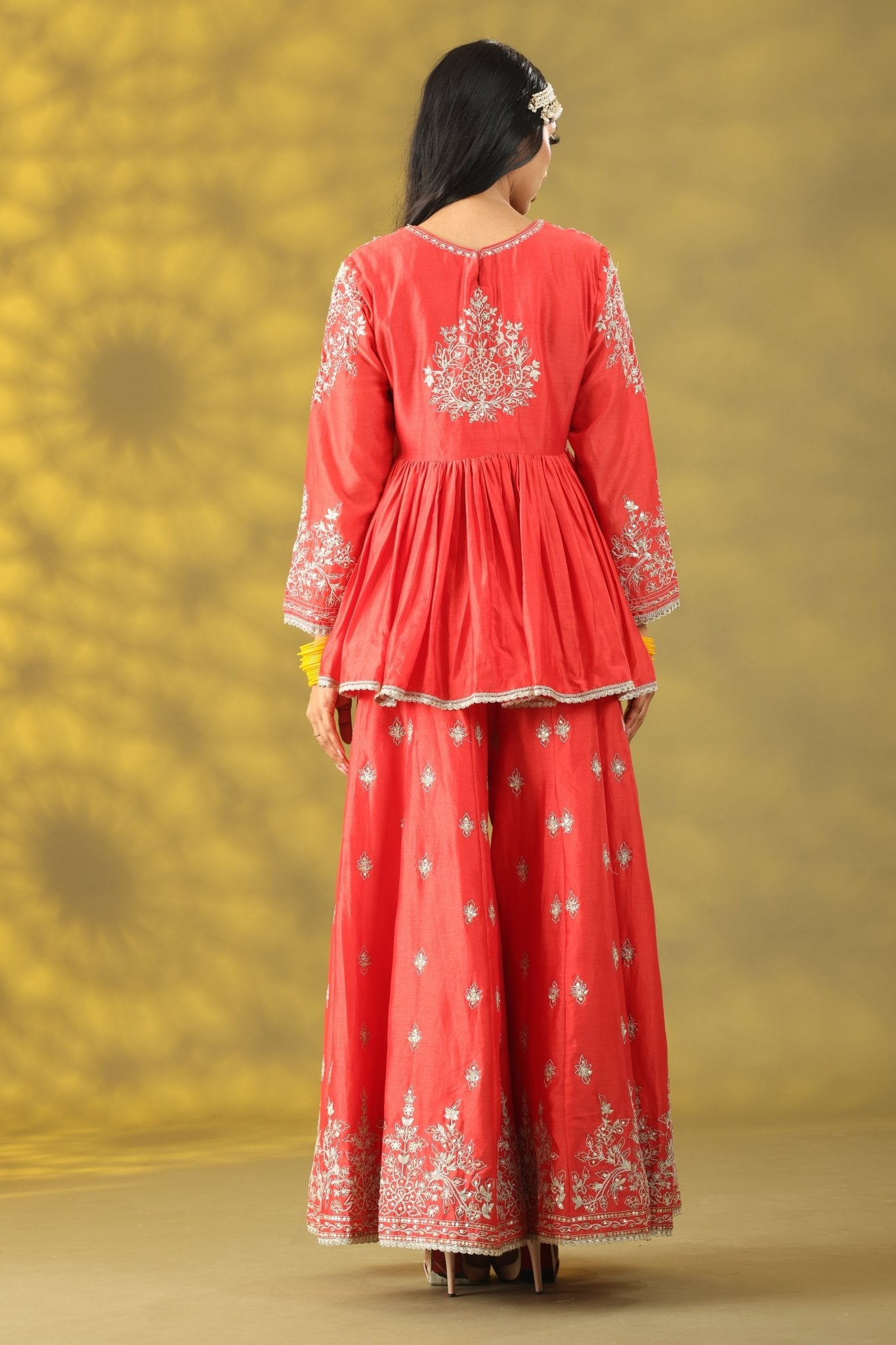 Coral Red Short Anarkali with Sharara Set - Sonia Ahuja