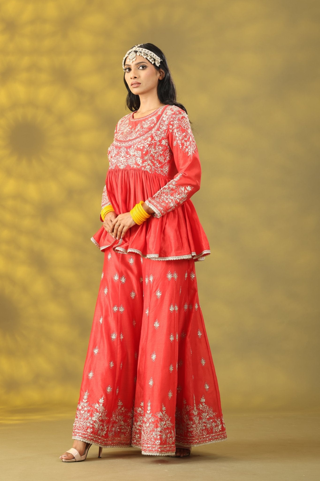 Coral Red Short Anarkali with Sharara Set - Sonia Ahuja