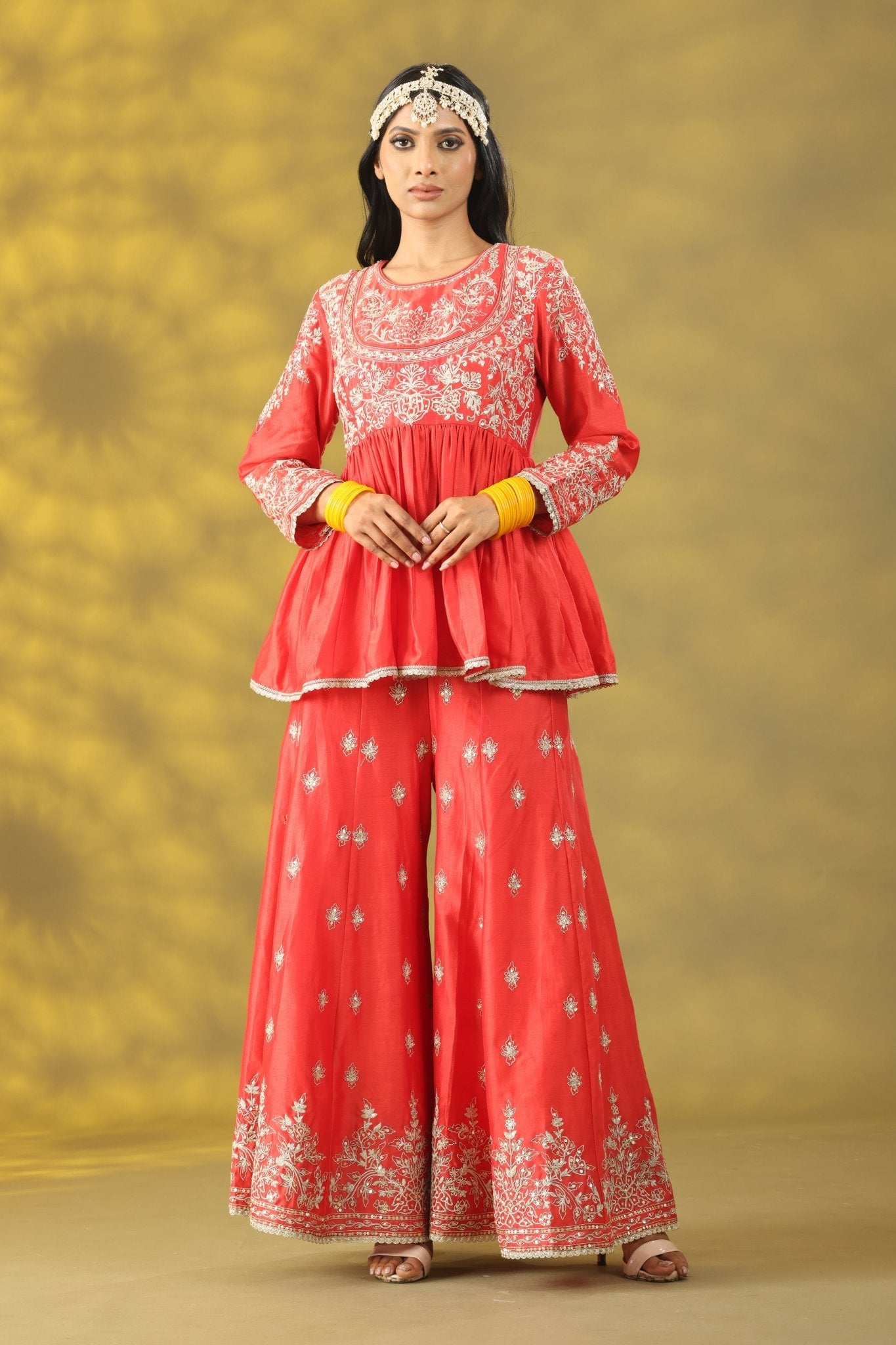 Coral Red Short Anarkali with Sharara Set - Sonia Ahuja