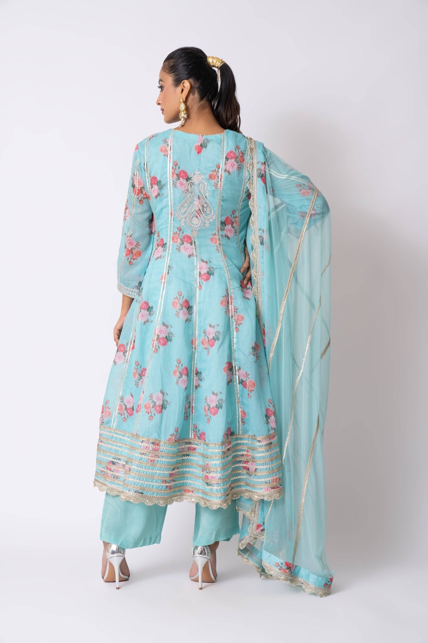 Firozi Blue Silk Chanderi Hand Block Printed Anarkali Set - Sonia Ahuja