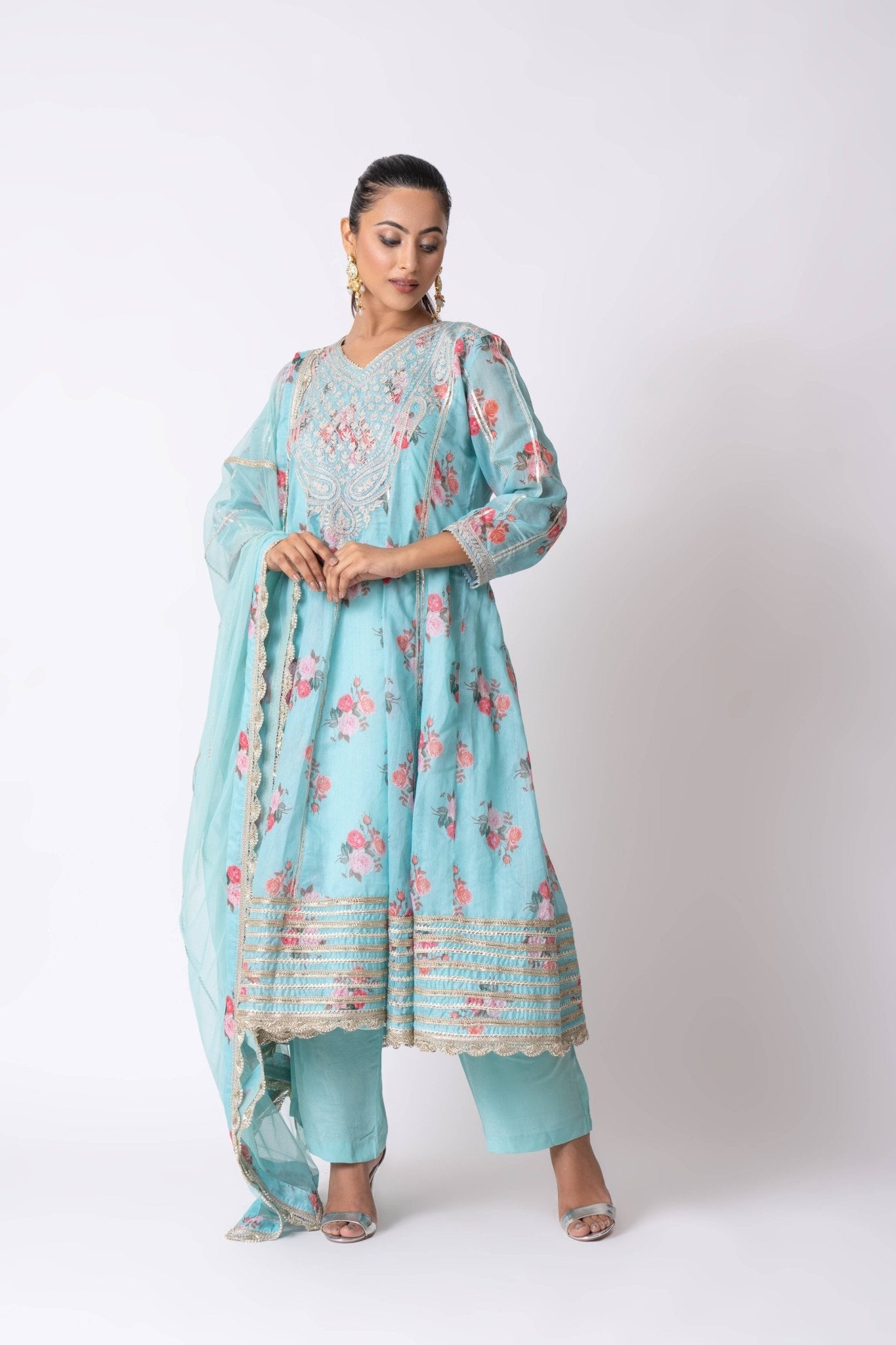 Firozi Blue Silk Chanderi Hand Block Printed Anarkali Set - Sonia Ahuja