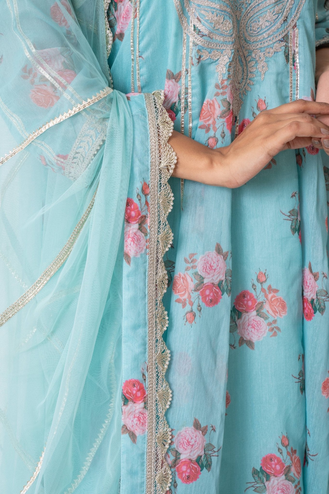 Firozi Blue Silk Chanderi Hand Block Printed Anarkali Set - Sonia Ahuja