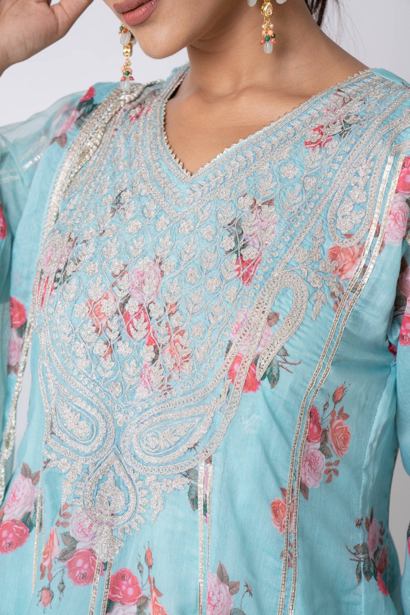 Firozi Blue Silk Chanderi Hand Block Printed Anarkali Set - Sonia Ahuja