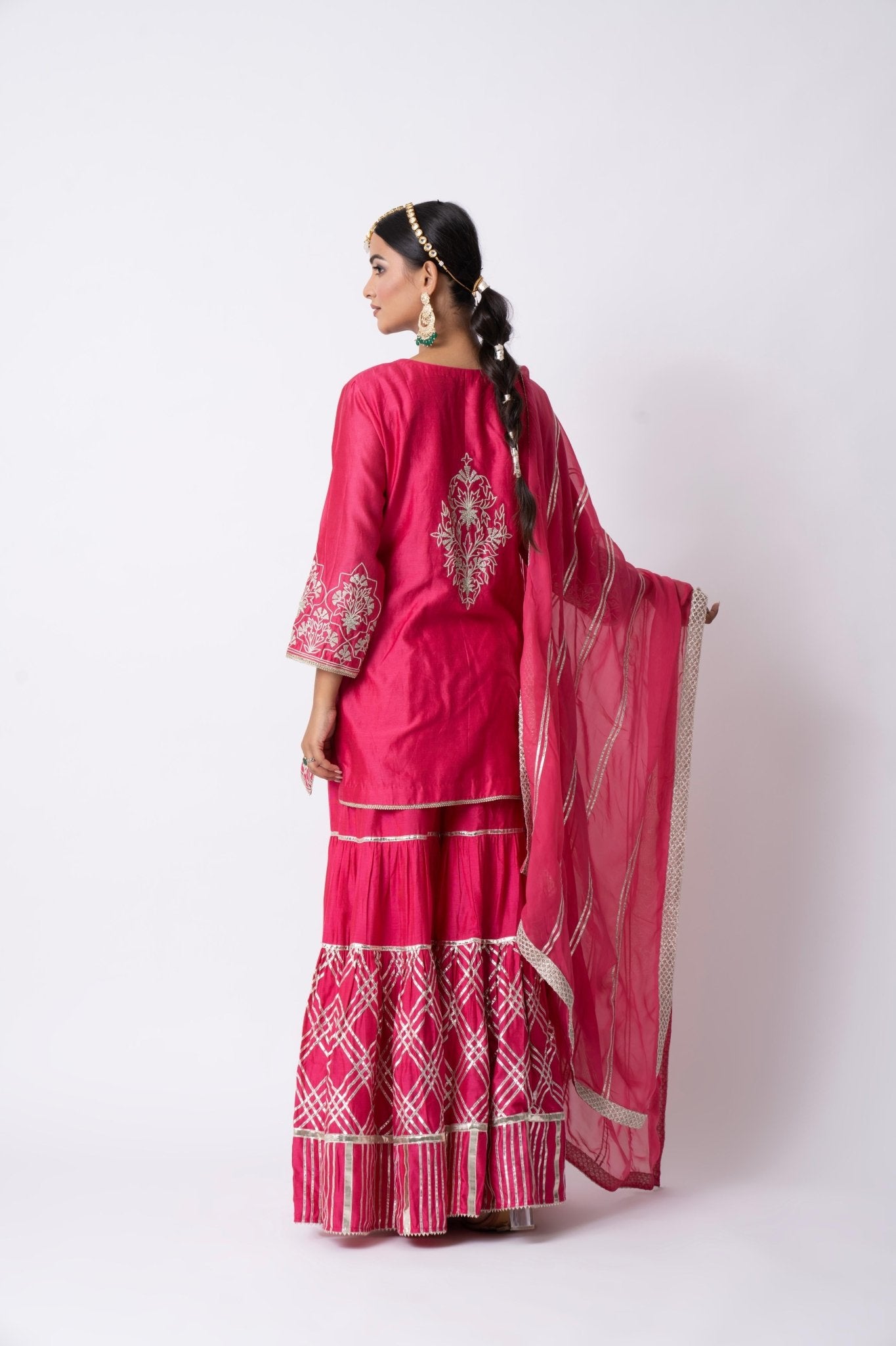Hot Pink Nakshi Gota Embellished Kurta With Gota Pati Gharara and Dupatta (Set of 3) - Sonia Ahuja