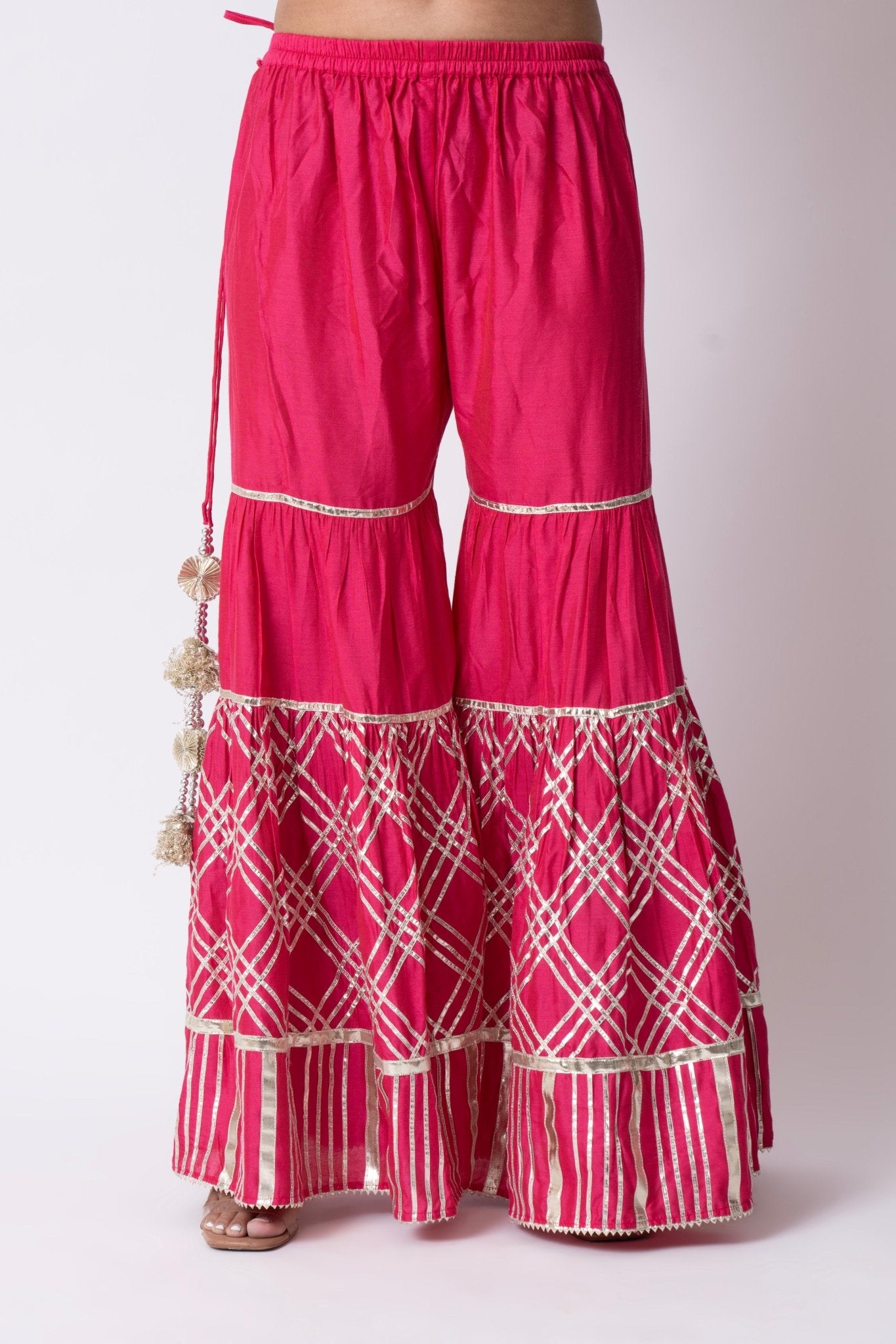 Hot Pink Nakshi Gota Embellished Kurta With Gota Pati Gharara and Dupatta (Set of 3) - Sonia Ahuja
