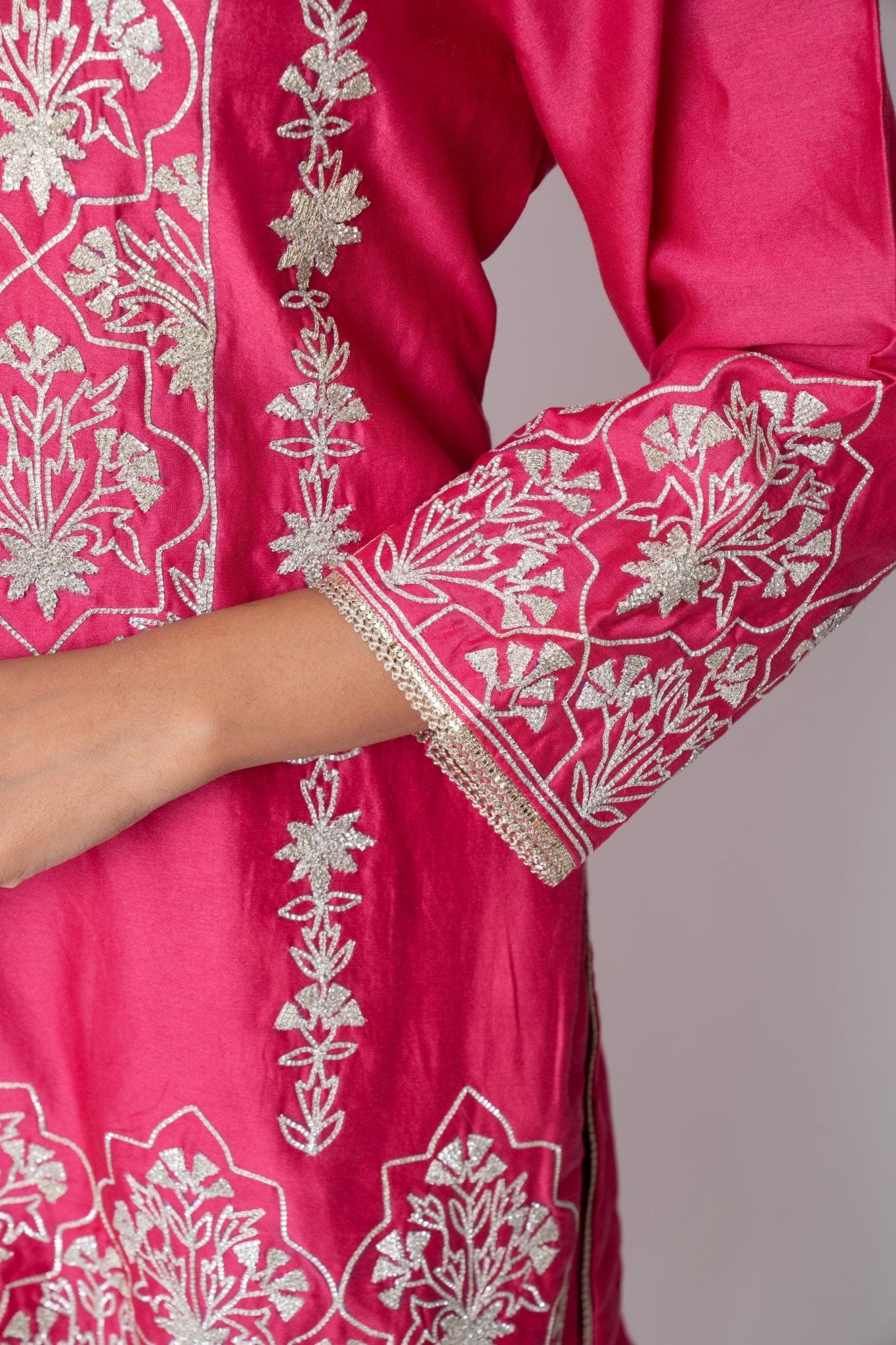 Hot Pink Nakshi Gota Embellished Kurta With Gota Pati Gharara and Dupatta (Set of 3) - Sonia Ahuja