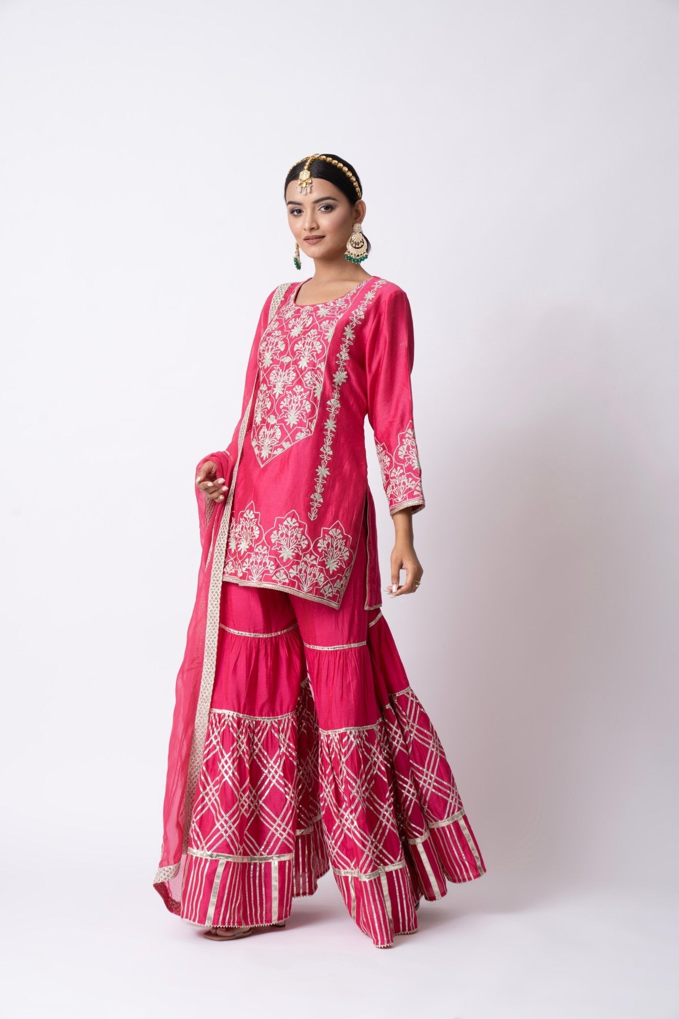 Hot Pink Nakshi Gota Embellished Kurta With Gota Pati Gharara and Dupatta (Set of 3) - Sonia Ahuja